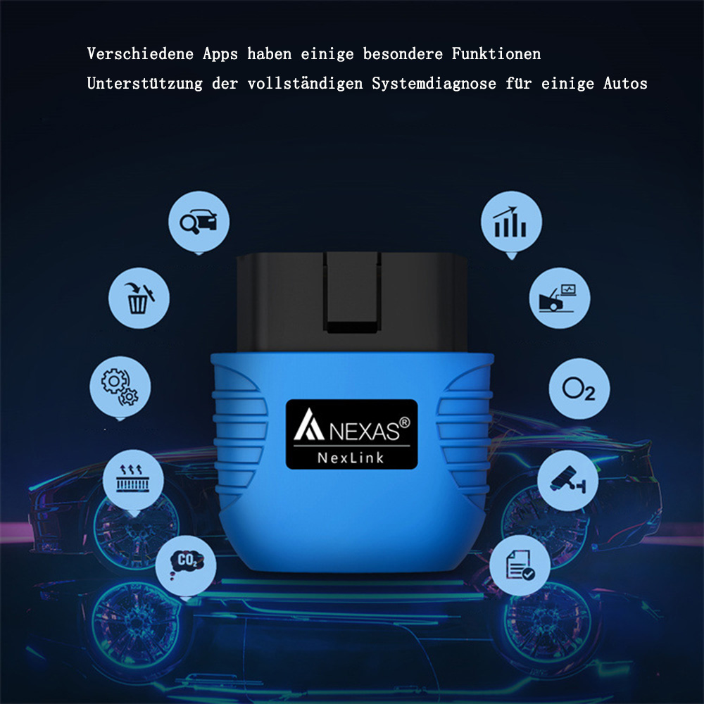Blaues NexLink-Gerät mit Symbolen und Auto-Umrissen, das Systemdiagnose anzeigt. Text auf Deutsch oben und unten.