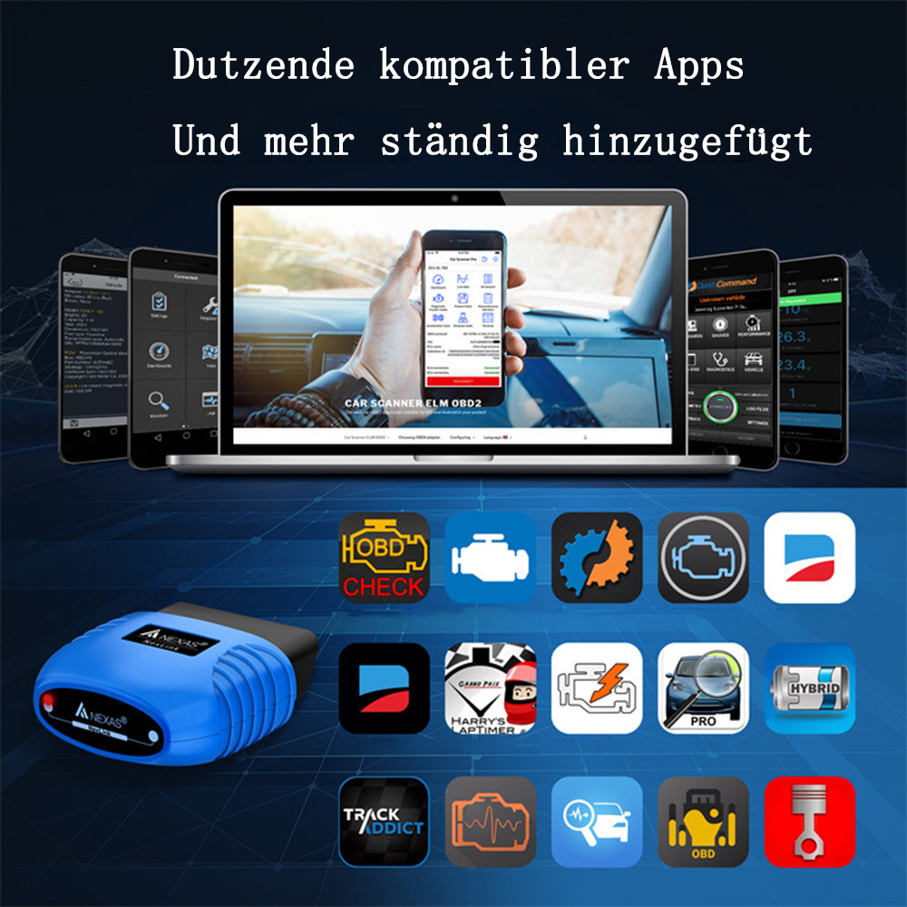 Ein Laptop und Smartphones, die Apps anzeigen. Unten befindet sich ein blauer Auto-Scanner. Verschiedene App-Icons sind abgebildet.