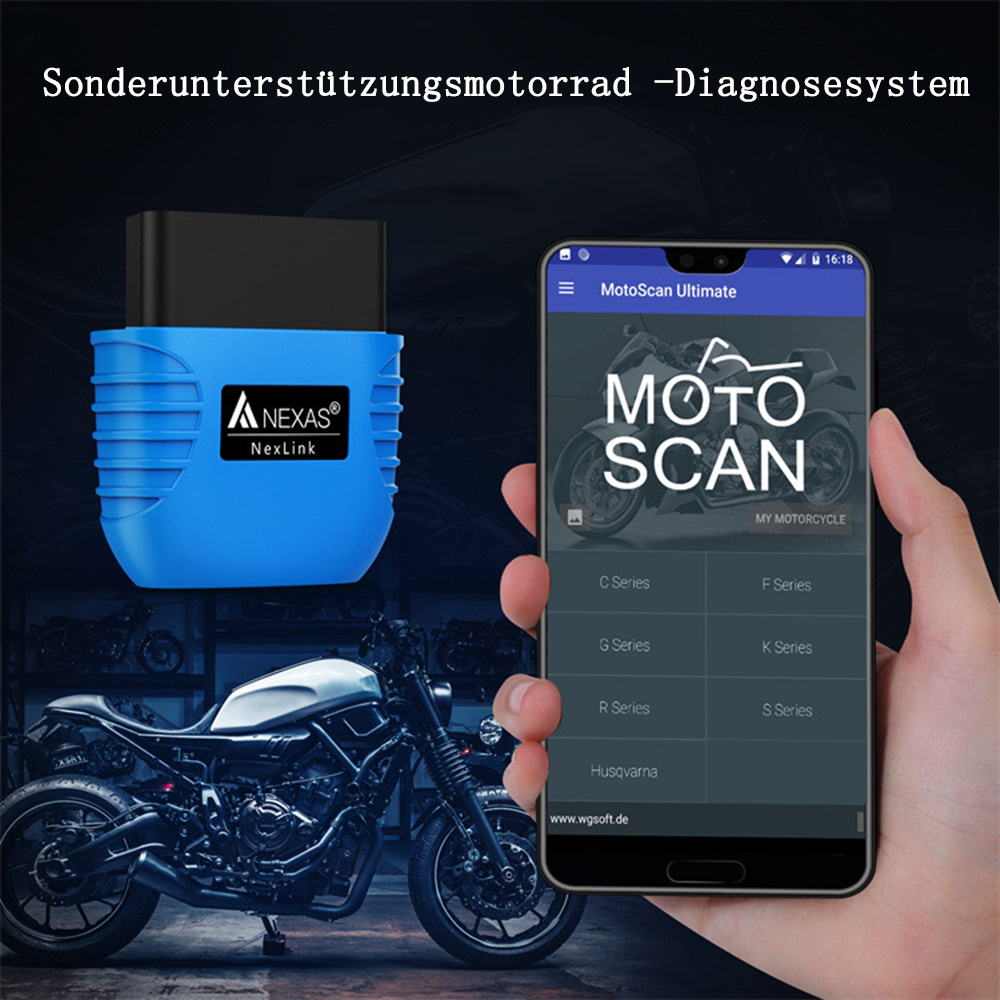 Ein blaues Diagnosewerkzeug und ein Smartphone, das eine Motorrad-Diagnose-App anzeigt, ein Motorrad im Hintergrund.
