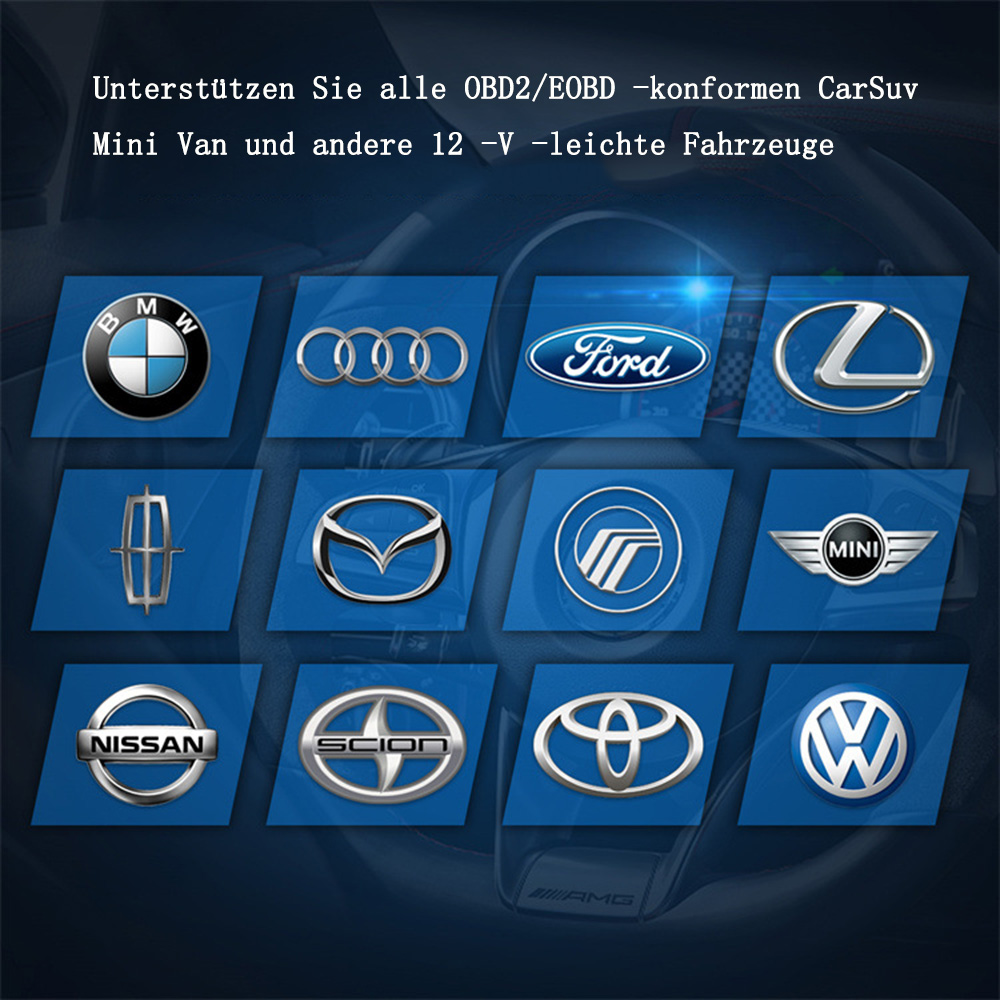 Das Bild zeigt Autologos, darunter BMW, Audi, Ford, Lexus, Lincoln, Mazda, Mercury, Mini, Nissan, Scion, Toyota und VW.
