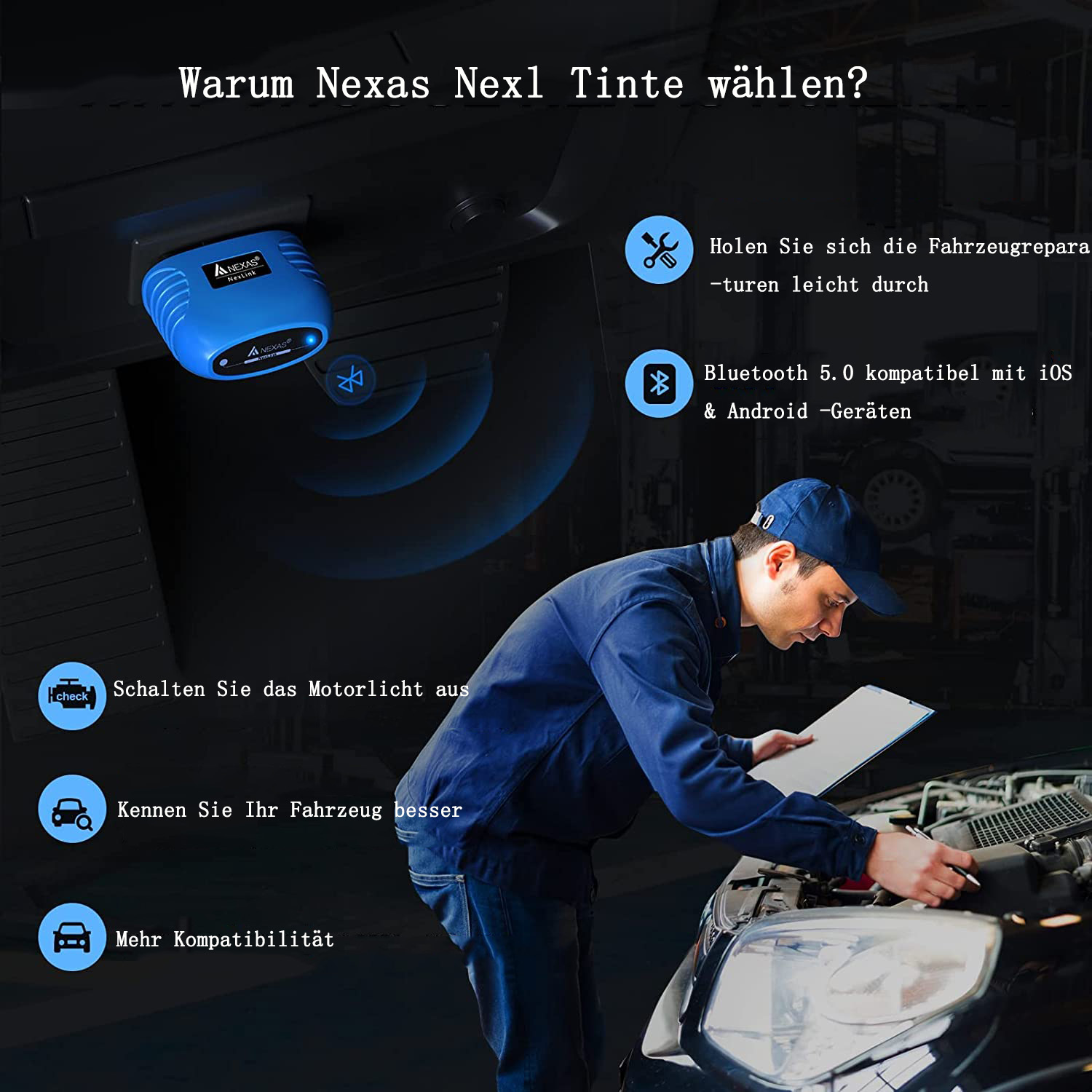 Ein Mechaniker untersucht einen Automotor. Ein blaues Nexas Nexl-Gerät ist angeschlossen. Der Text enthält 'Bluetooth' und 'Kompatibilität'.