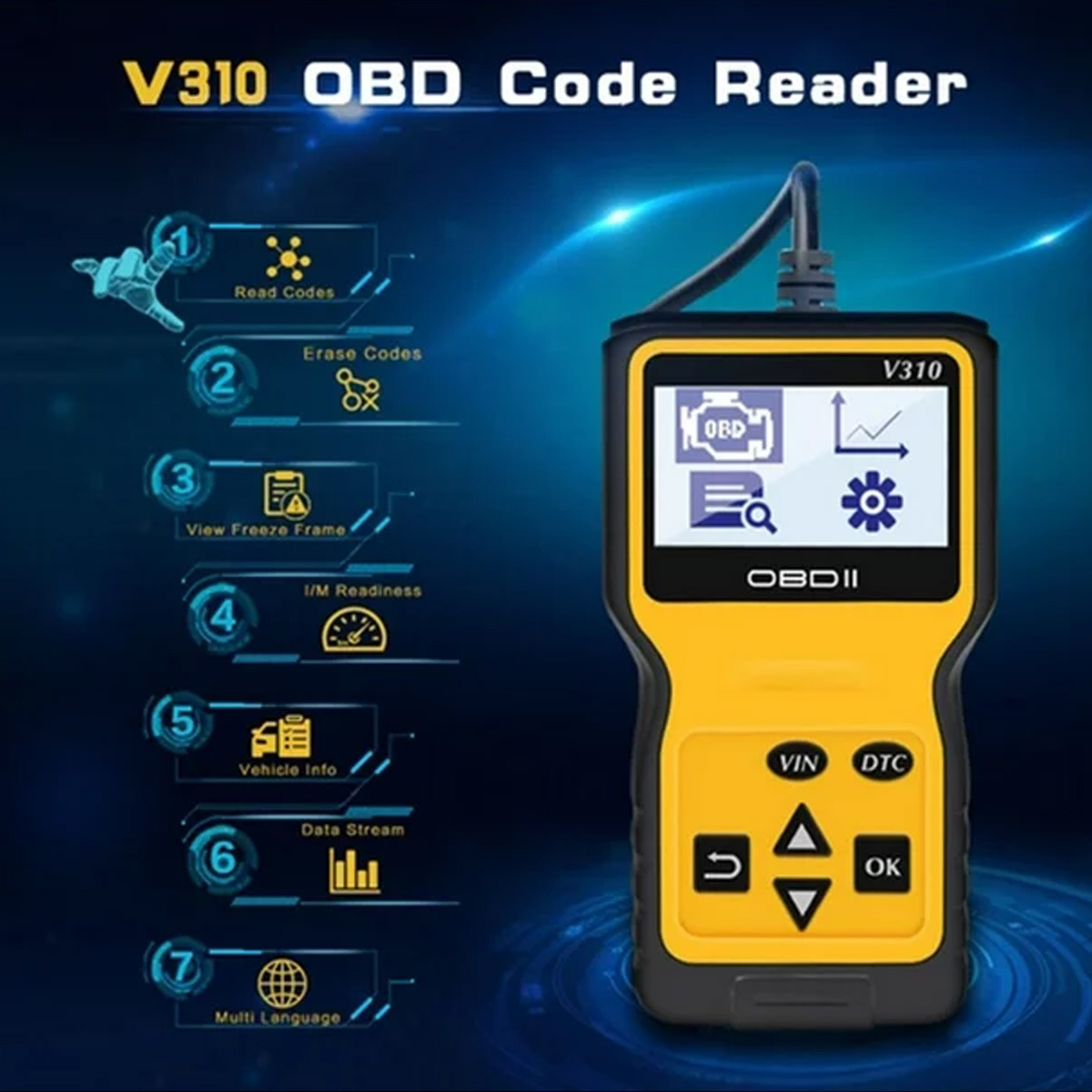 Gelb-schwarzes V310 OBD-Codelesegerät mit Bildschirm, der Symbole anzeigt. Funktionen umfassen Codes lesen, Codes löschen und Fahrzeuginformationen.