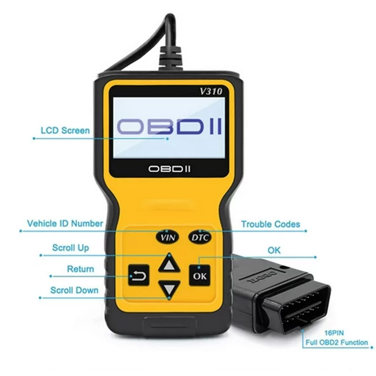 Ein gelb-schwarzes OBDII-Scanner mit einem Bildschirm, der 'OBDII' anzeigt. Enthält Knöpfe, einen Stecker und ein Kabel.