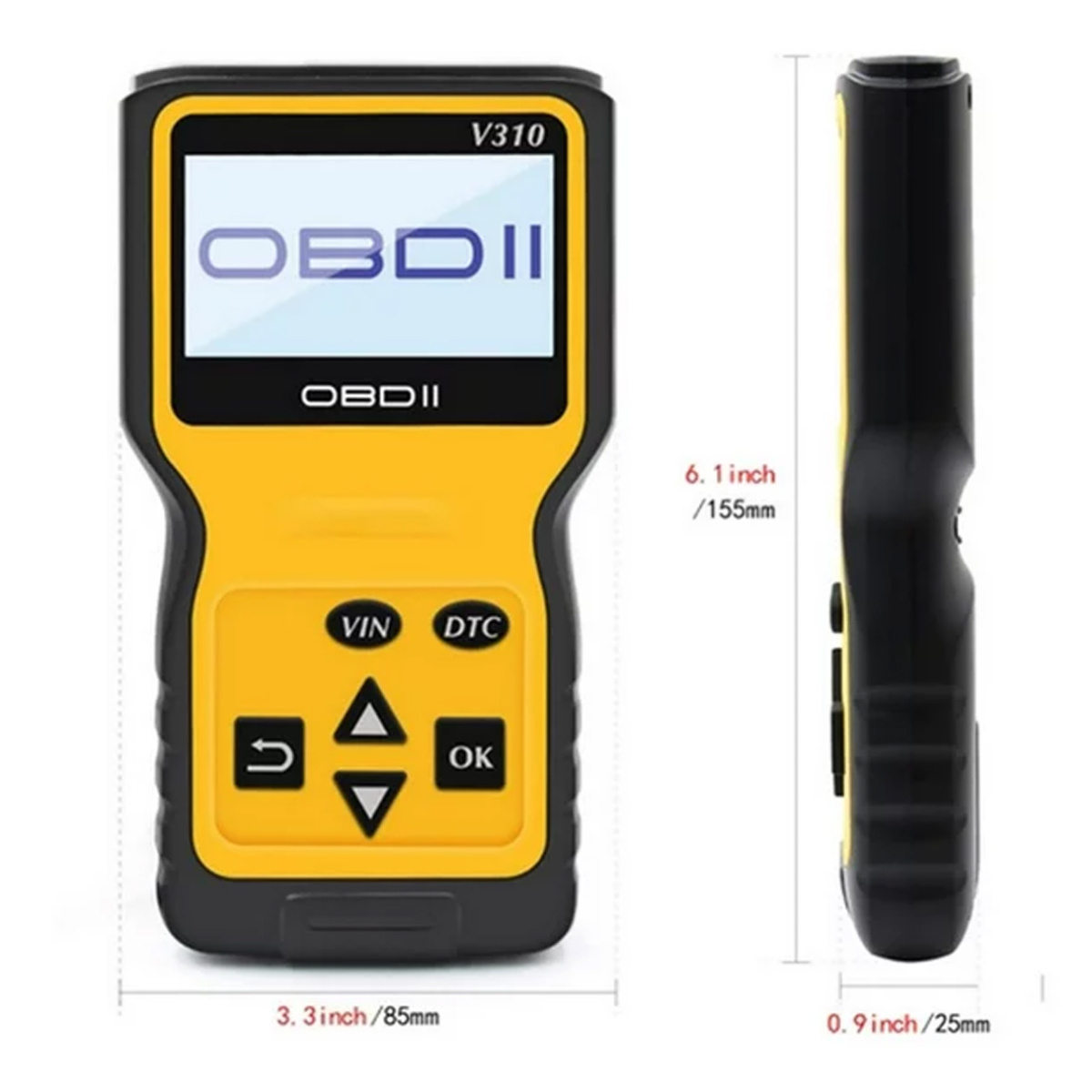 Ein OBDII-Diagnosetool. Gelb-schwarzes Gerät mit Bildschirm, der OBDII anzeigt. Tasten: VIN, DTC und Navigationstasten.