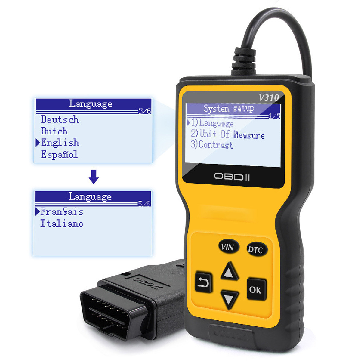 Ein OBDII-Diagnosetool mit gelb-schwarzem Gehäuse, das Sprachoptionen anzeigt: Englisch, Deutsch, Spanisch, Französisch, Italienisch.