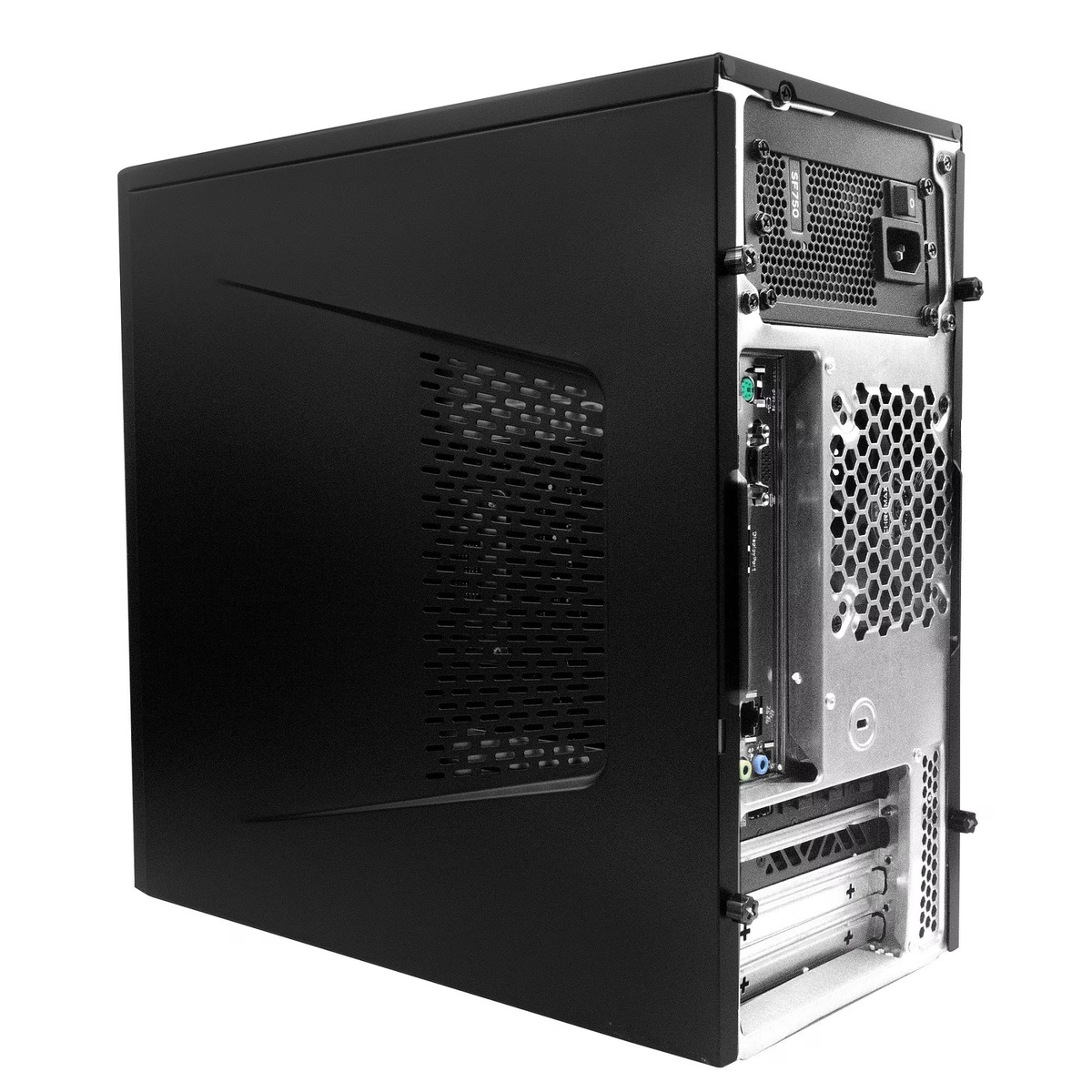 Czarna obudowa komputera. Panel boczny ma wentylację. Tył ma porty i zasilacz.