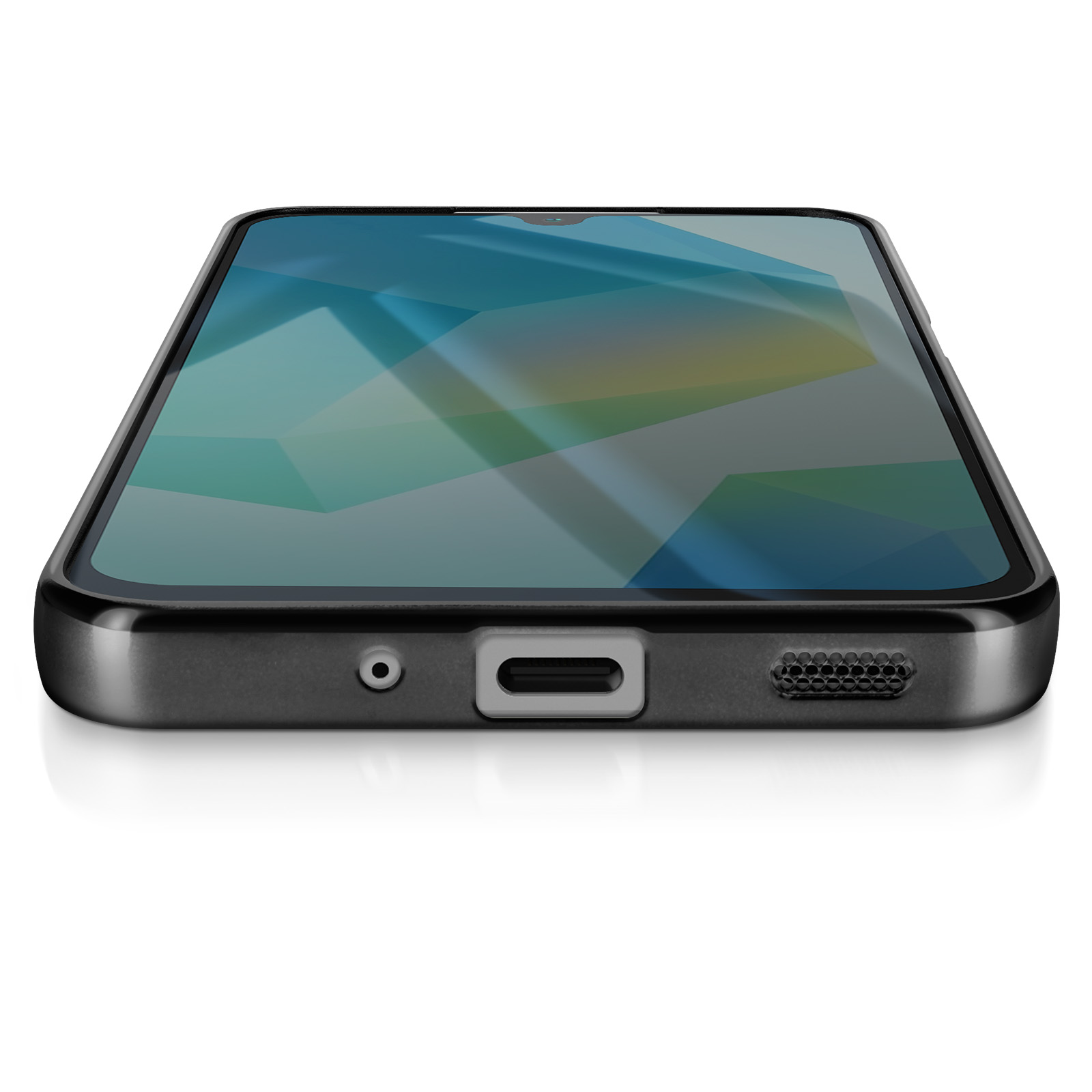 Schwarzes Smartphone auf weißem Untergrund. Der Bildschirm zeigt ein blaues und grünes geometrisches Muster.