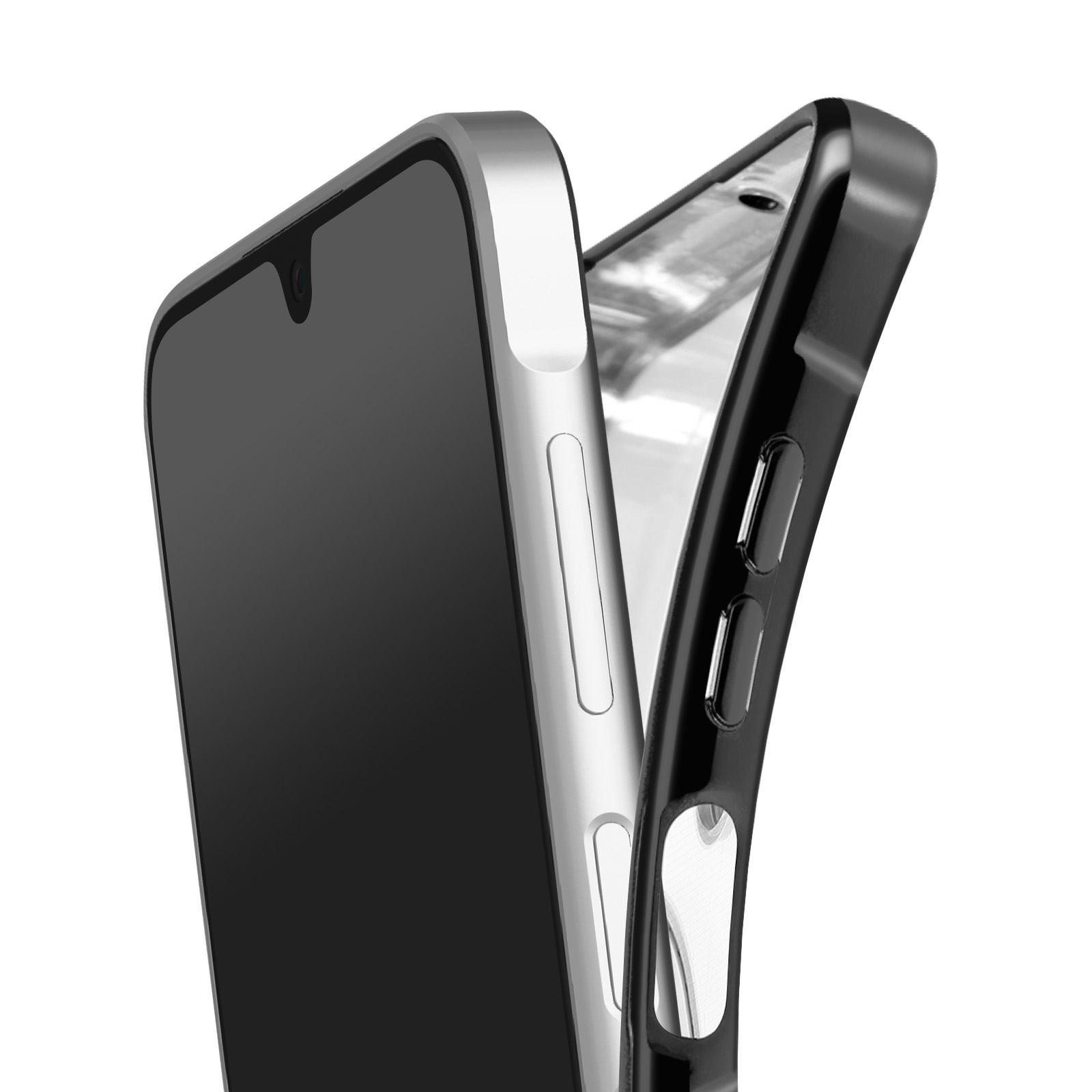 Nahaufnahme eines Smartphones mit Bildschirm und schwarzer Handyhülle. Das Telefon ist silber und die Hülle ist schwarz.