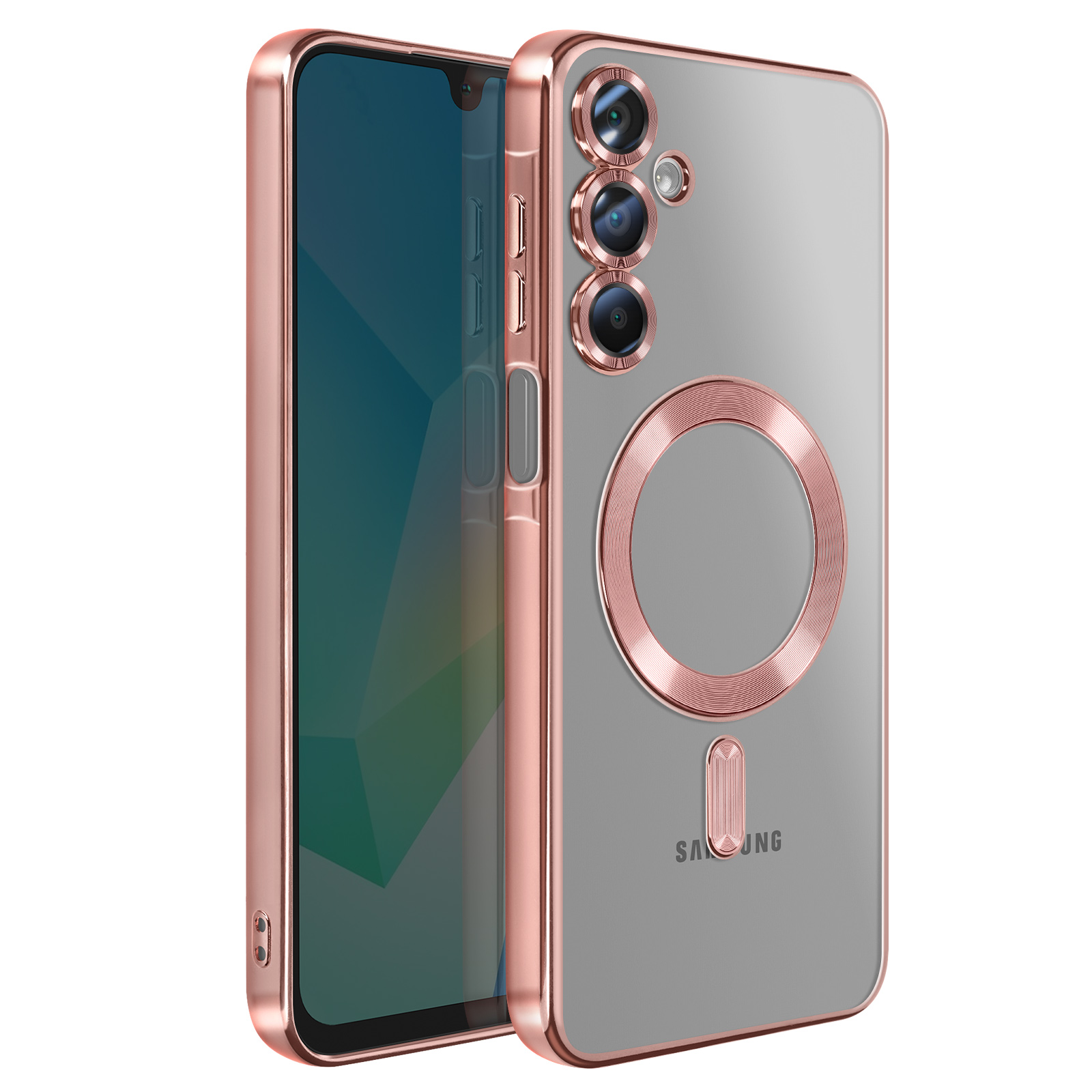 Eine Handyhülle mit roségoldenem Rahmen und klarer Rückseite. Sie hat Kameralinsen und ein kreisförmiges Design.
