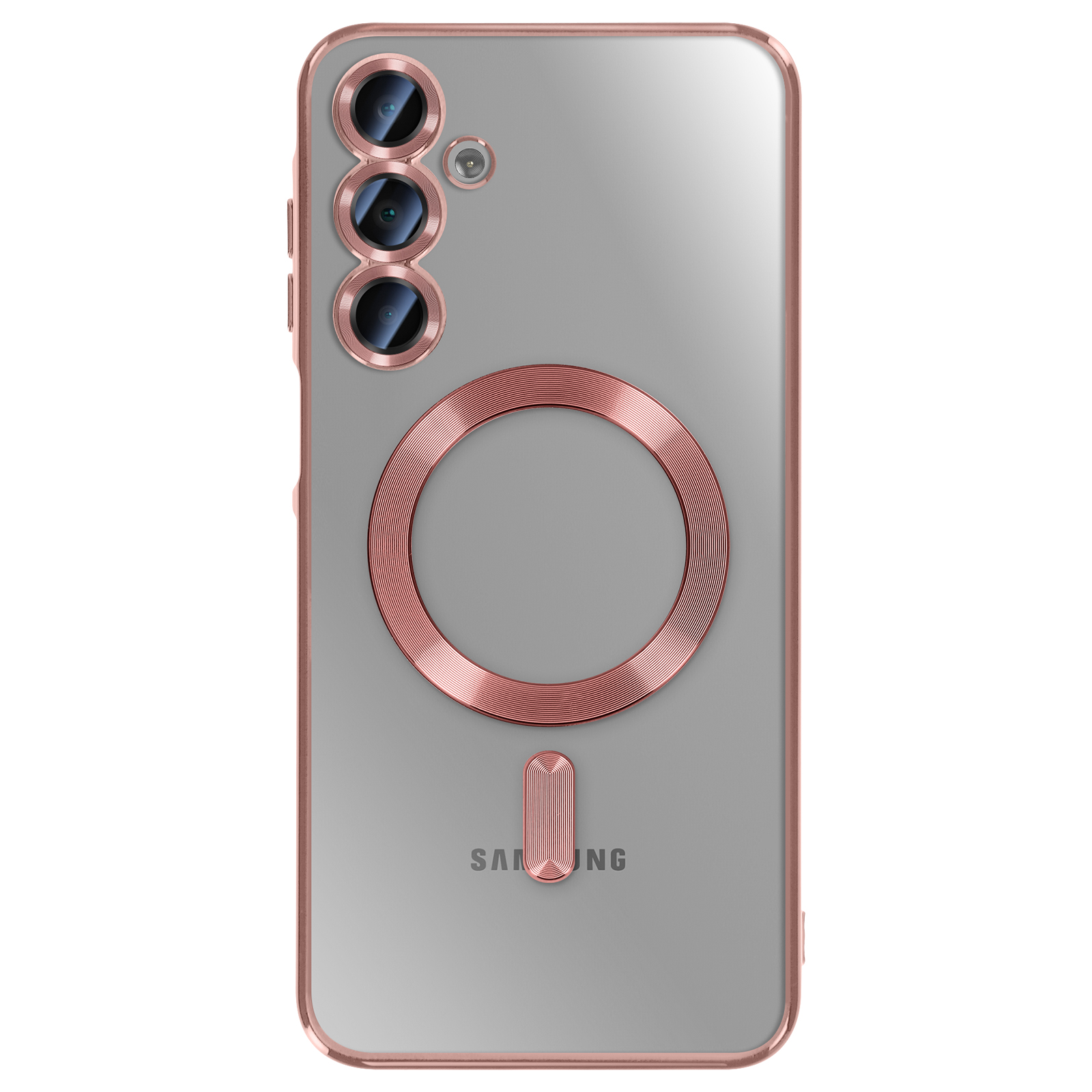 Eine Samsung-Handyhülle mit drei Kameras. Ein goldfarbener Ring und Rahmen sind sichtbar. Der Hintergrund ist grau.