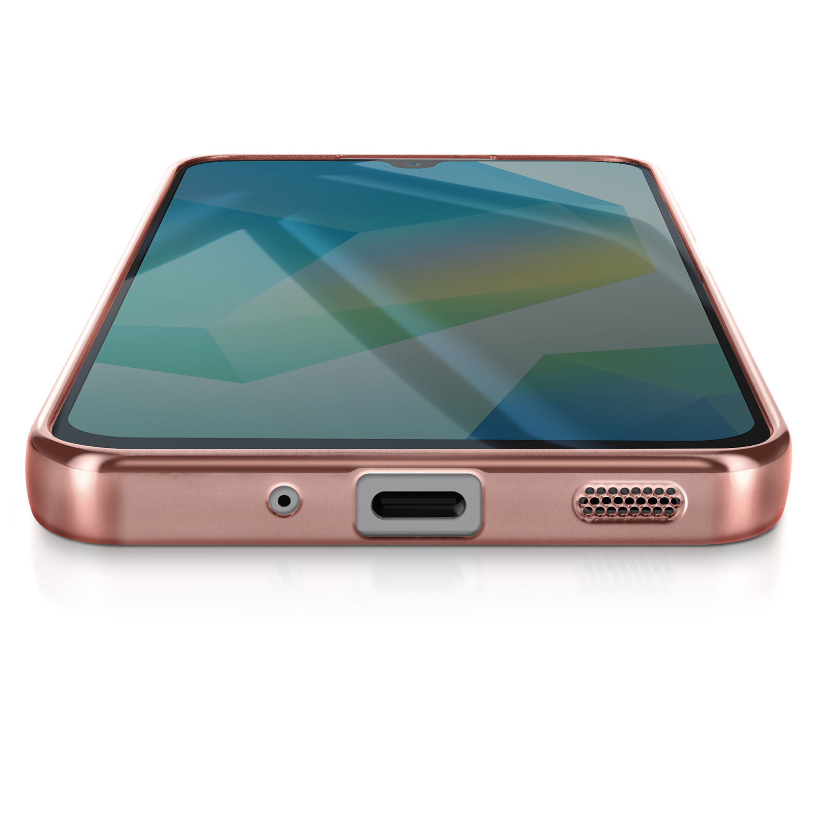Ein roségoldenes Telefon mit einem Bildschirm, der ein geometrisches Muster zeigt. Das Telefon ist leicht angewinkelt.
