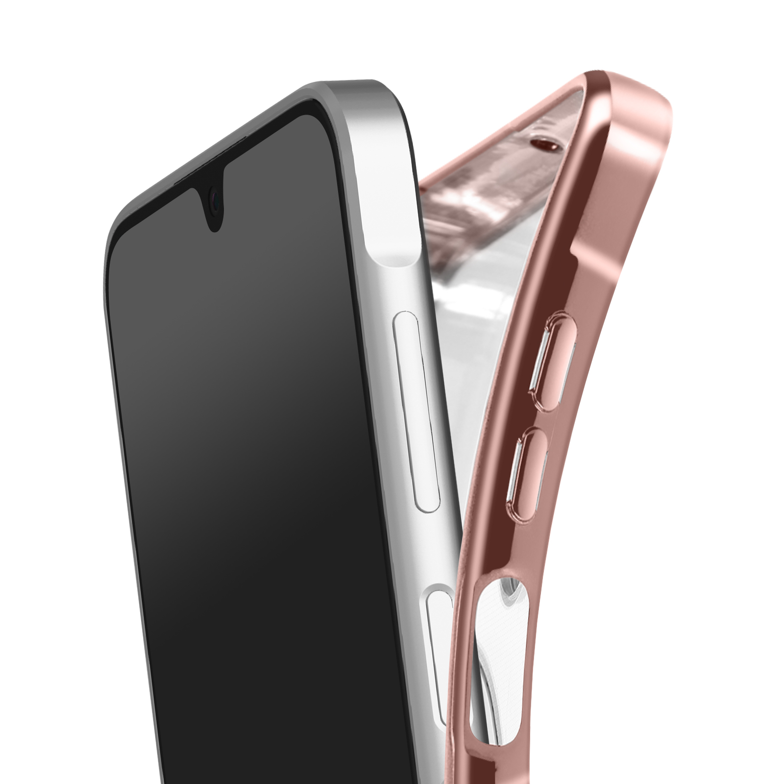 Ein silbernes Telefon und eine roségoldene Telefonhülle sind abgebildet. Das Telefon hat einen schwarzen Bildschirm. Der Hintergrund ist weiß.