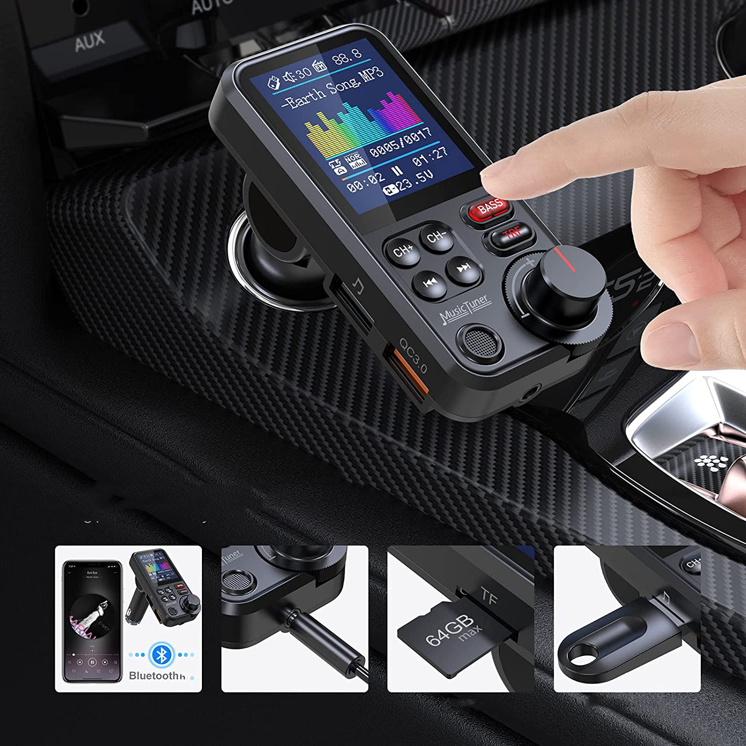 Ein Auto-Musik-Tuner mit Bildschirm, der Song-Informationen anzeigt. Ein Finger berührt den Tuner. Das Gerät hat Knöpfe und ein Rad. Andere Bilder zeigen seine Funktionen.