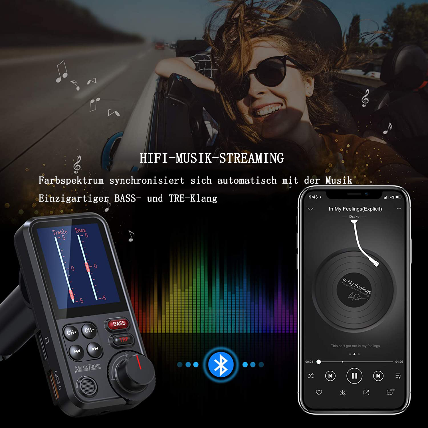 Frau mit Sonnenbrille im Auto, Telefon zeigt Musik, Gerät zeigt Bass- und Höhenpegel, Bluetooth-Logo.