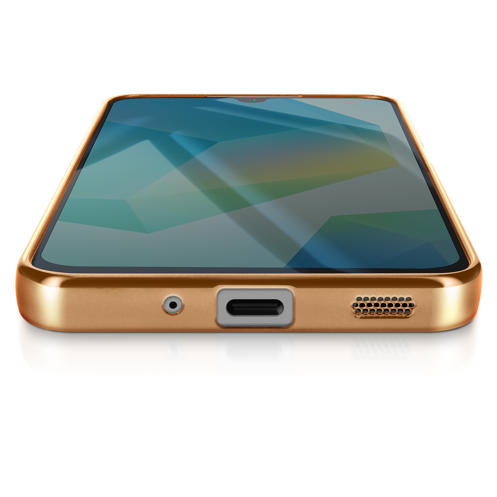 Ein goldenes Telefon liegt flach auf einer weißen Oberfläche. Der Bildschirm zeigt ein blaues und grünes abstraktes Design.