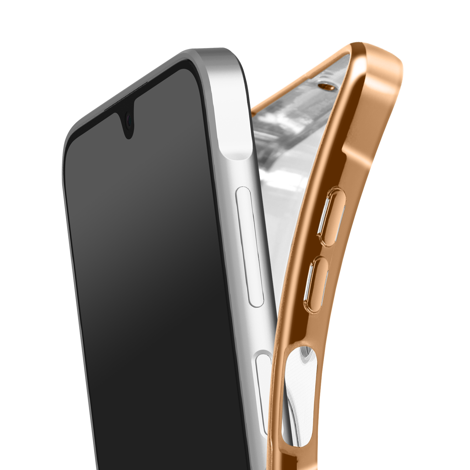 Ein Smartphone mit schwarzem Bildschirm und goldener Handyhülle. Das Telefon ist silber. Die Hülle ist offen.