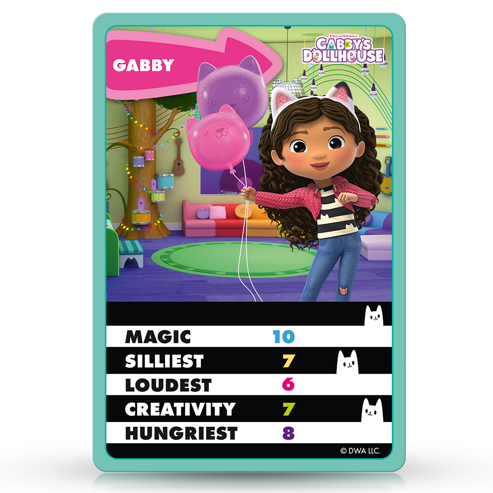 Eine Gabby's Dollhouse-Karte mit Gabby, die katzenförmige Ballons hält. Die Karte listet Gabbys Werte auf: Magie 10, Albernheit 7, Lautstärke 6, Kreativität 7 und Hungrigkeit 8.
