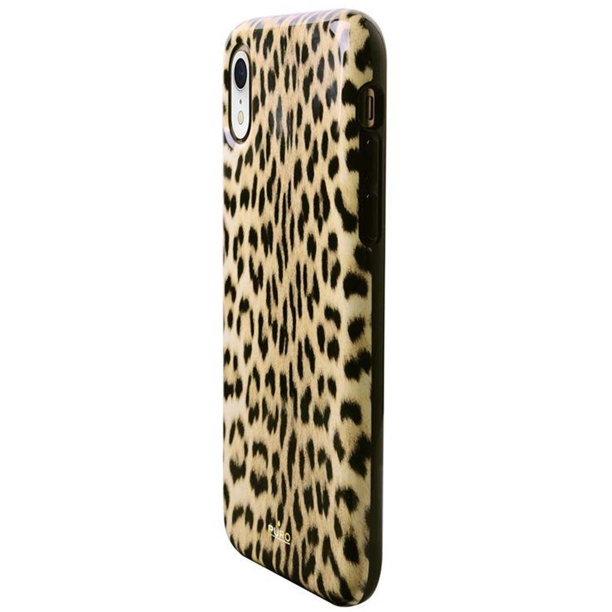 Eine Smartphone-Hülle mit Leopardenmuster. Die Hülle ist schwarz und hat eine glänzende Oberfläche, mit einem PURO-Logo unten.