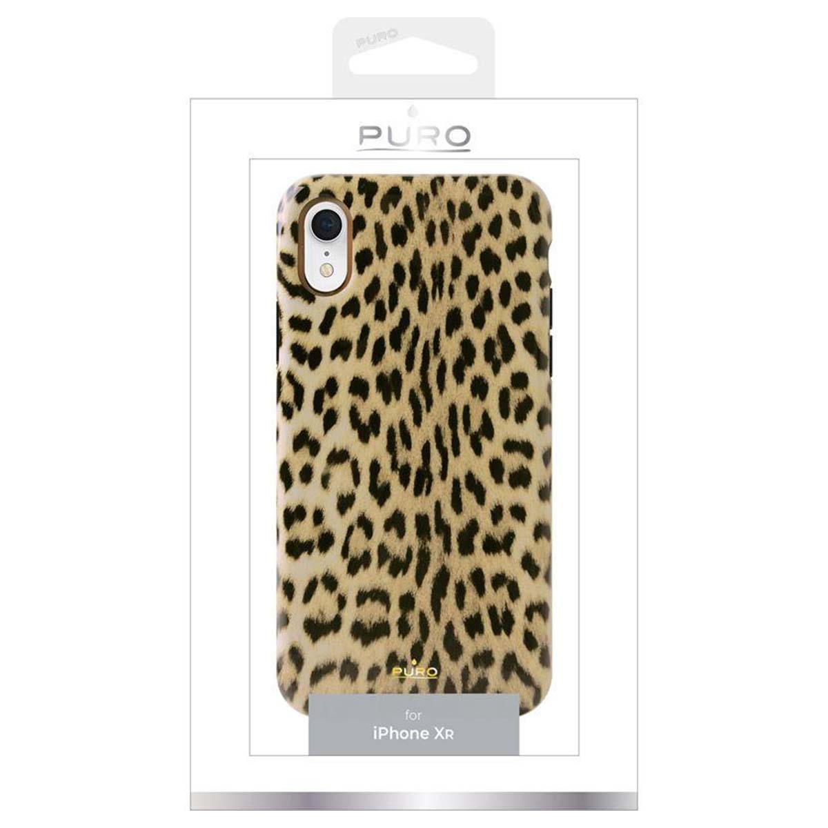 Eine Handyhülle mit Leopardenmuster wird in ihrer Verpackung gezeigt. Die Hülle ist für ein iPhone XR.