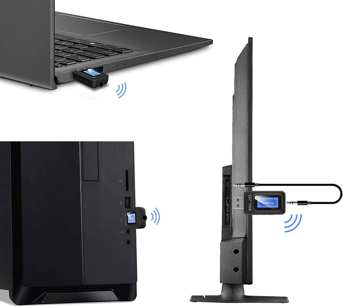 Geräte über Bluetooth verbunden: Laptop, Desktop und Fernseher. An jedes ist ein kleines Gerät angeschlossen, das den Suchstatus anzeigt.
