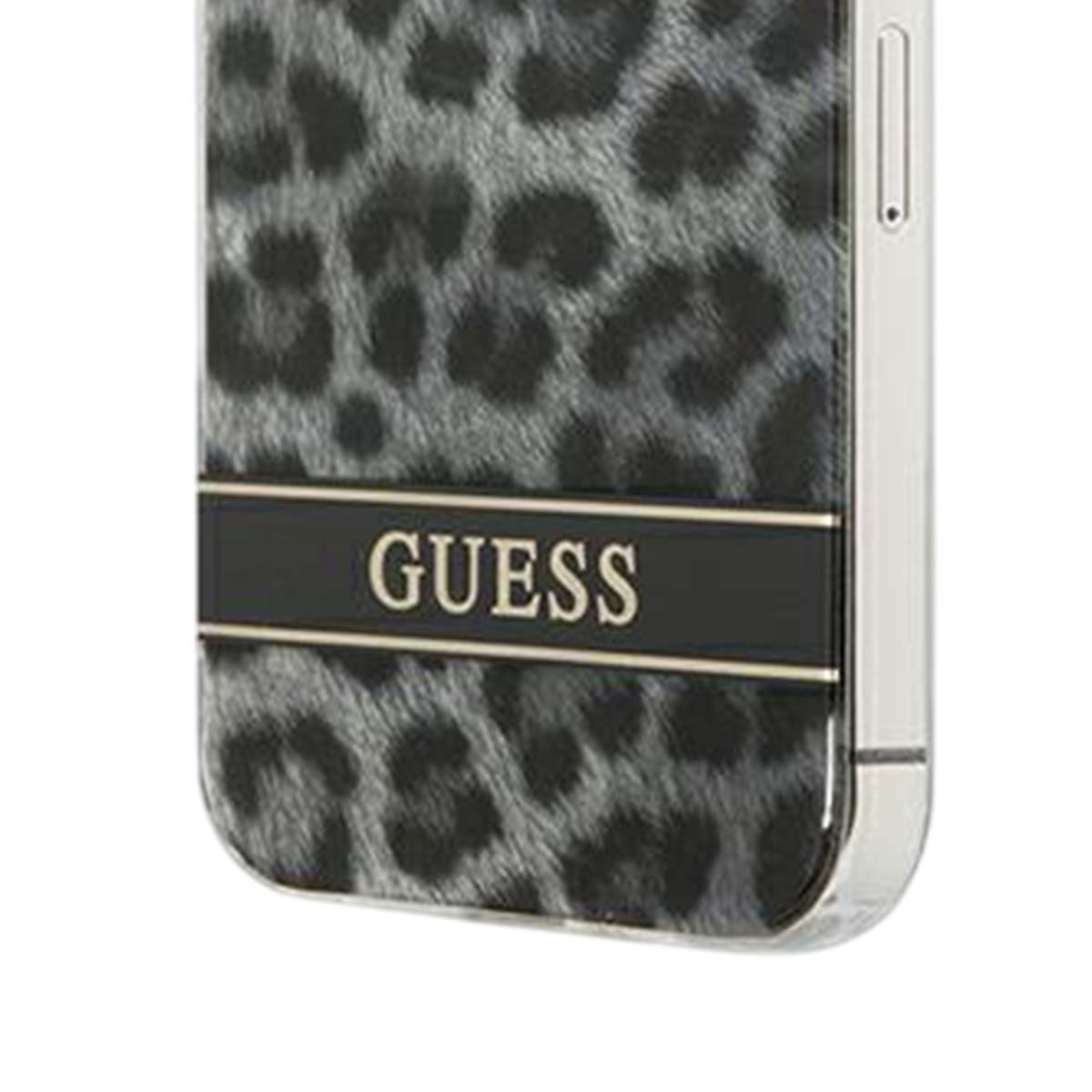 Una custodia per telefono con un motivo leopardato e la scritta 'GUESS' su una striscia nera.