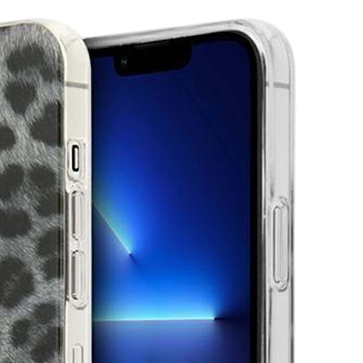 È mostrato uno smartphone con una custodia trasparente e un lato con stampa leopardata. Lo schermo è blu con un raggio di luce.