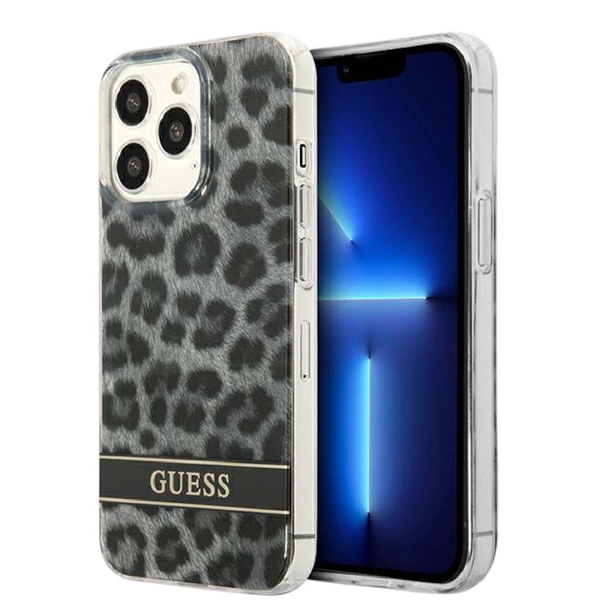 Un iPhone in una custodia con stampa leopardata. La custodia ha il marchio Guess. Lo schermo mostra una sfumatura blu.
