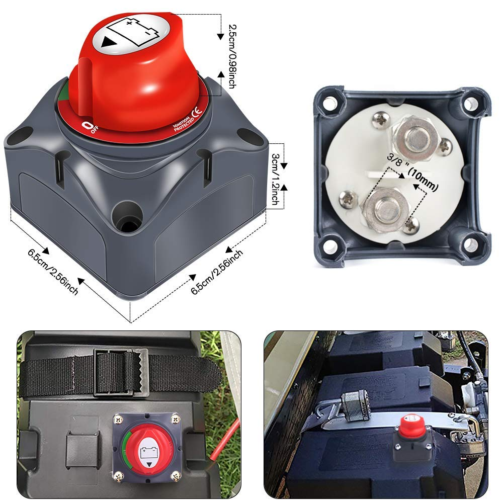 Das Bild zeigt einen Batterieschalter mit Abmessungen, Nahaufnahmen und Installationsansichten. Roter Schalter, schwarze Basis und Batterieanschlüsse sind sichtbar.