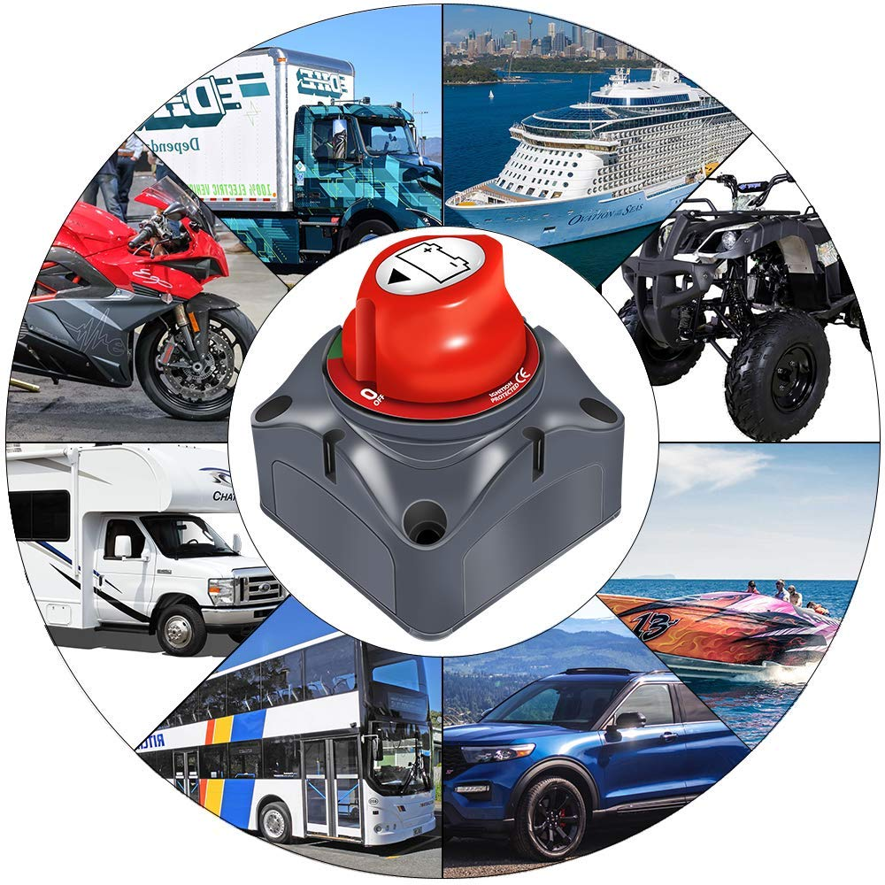 Das Bild zeigt einen roten Batterietrennschalter, der von verschiedenen Fahrzeugen umgeben ist: LKW, Schiff, ATV, Boot, Auto, Bus und Wohnmobil.