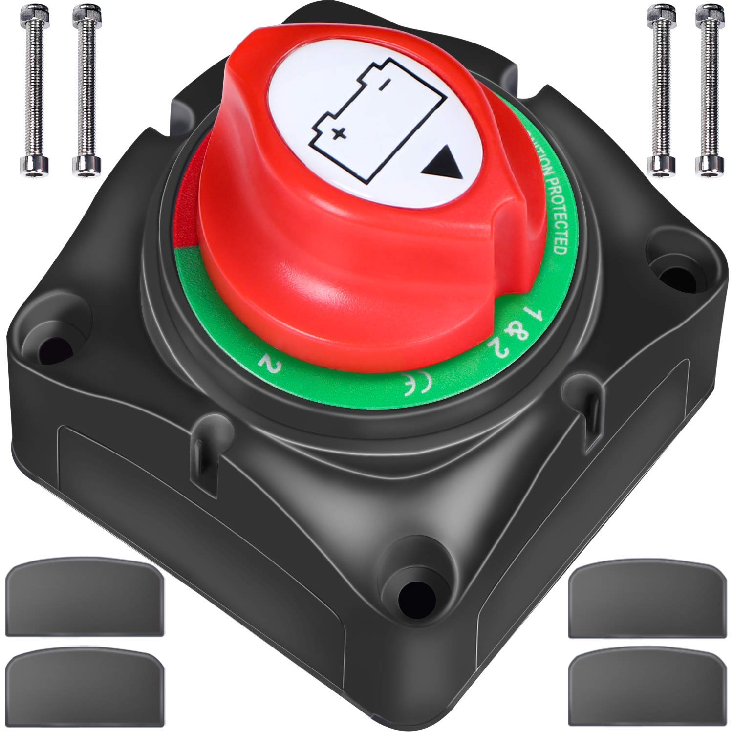 Schwarzer Batterieschalter mit rotem Knopf und grünem Ring. Enthält Schrauben und Schutzabdeckungen. Ein weißes Batteriesymbol befindet sich auf dem Knopf.