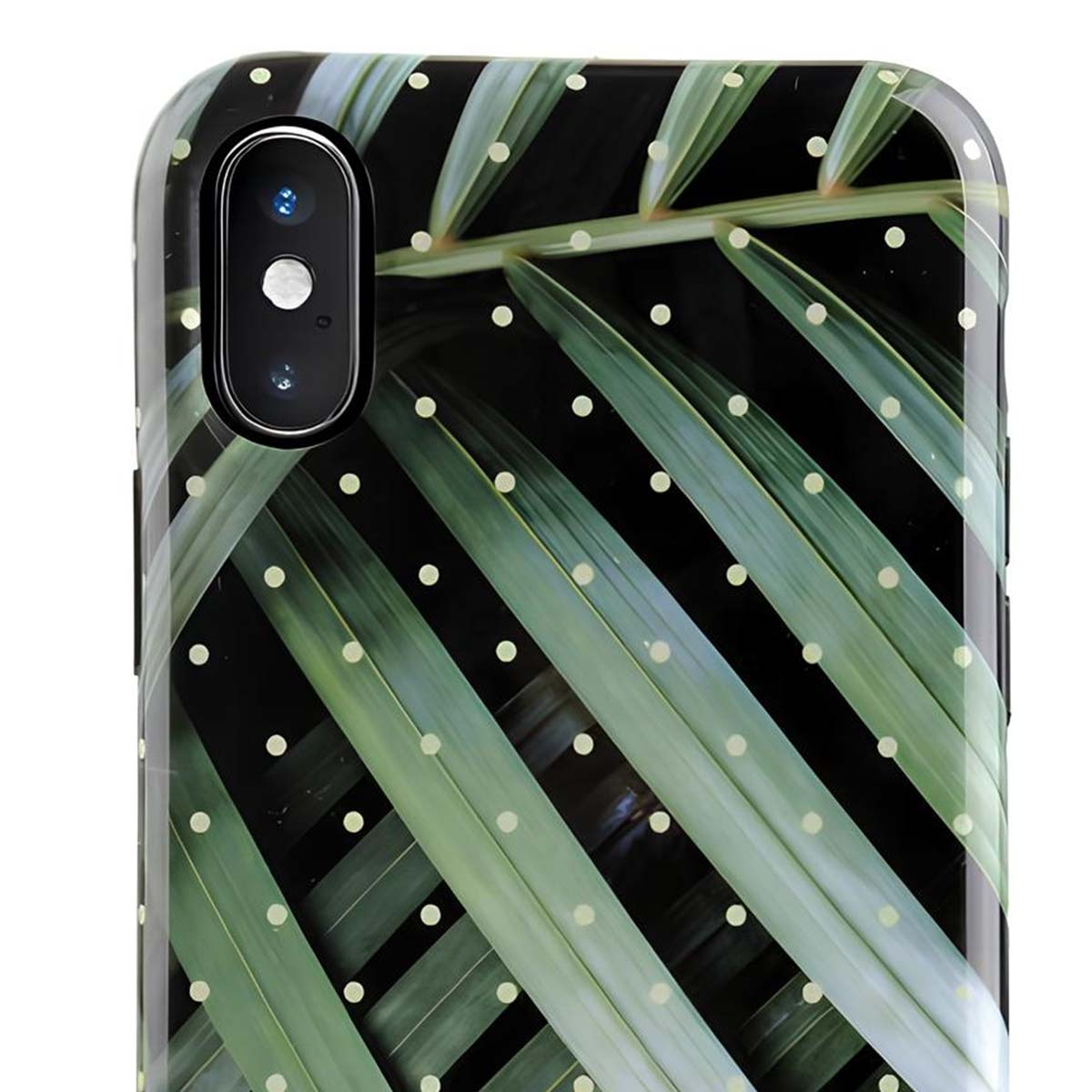 Custodia per telefono con motivo a foglie di palma. Foglie verdi su sfondo nero, punteggiate da cerchi bianchi. Obiettivo della fotocamera visibile.