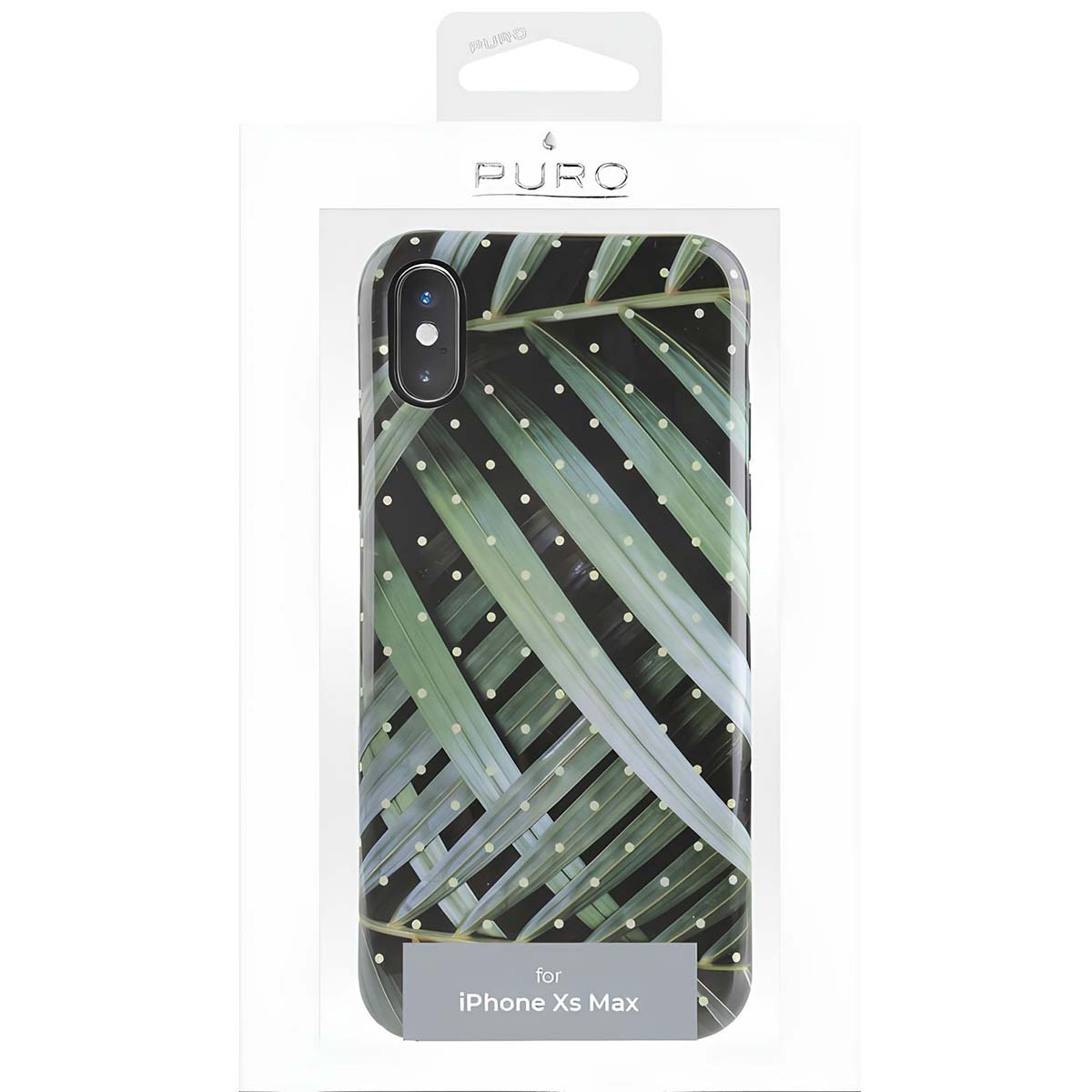 Custodia per iPhone Xs Max. Custodia nera con design a foglie verdi, punti bianchi e confezione trasparente.