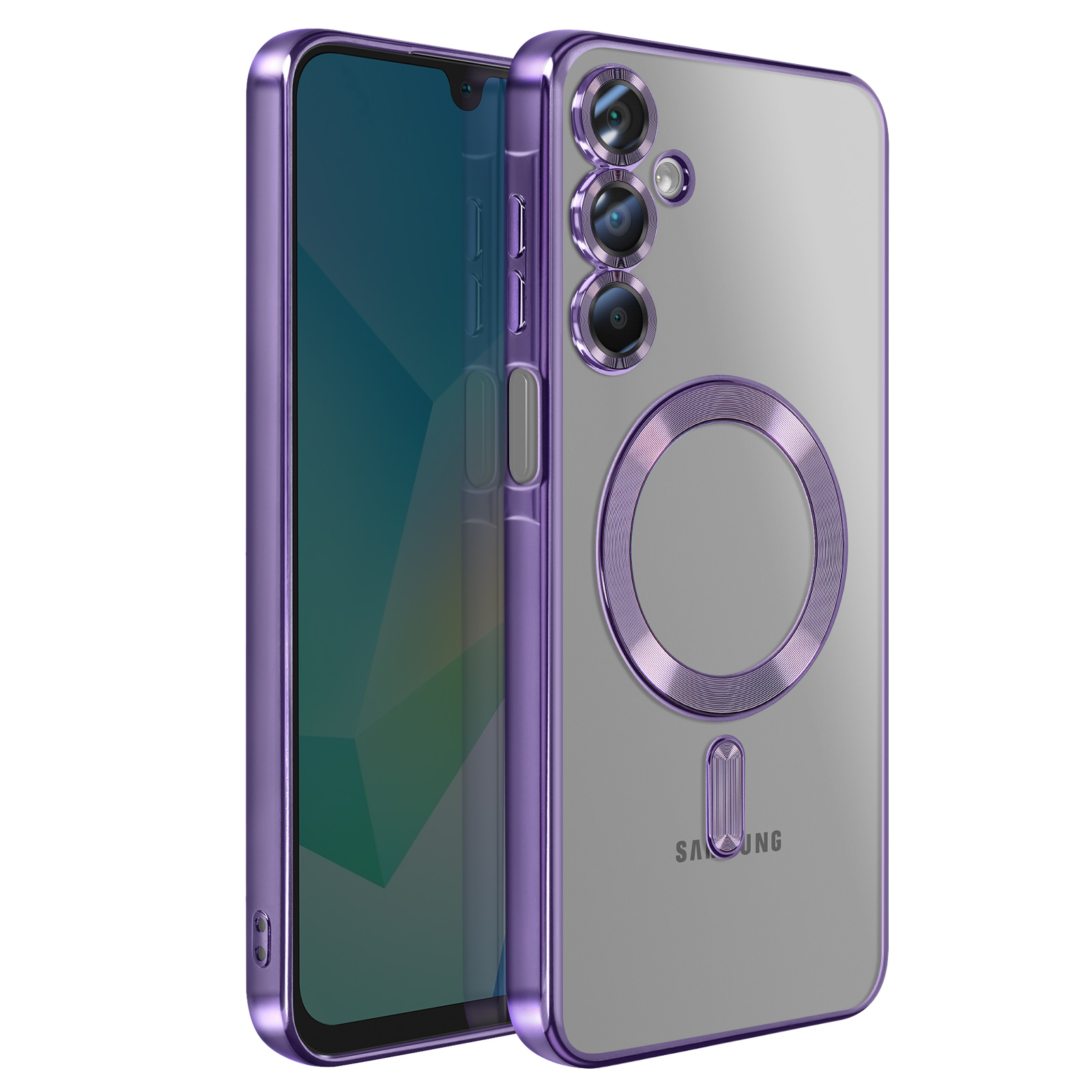 Eine transparente Handyhülle mit lila Rahmen und Akzenten. Sie zeigt das Design des Telefons und hat einen Magnetring.
