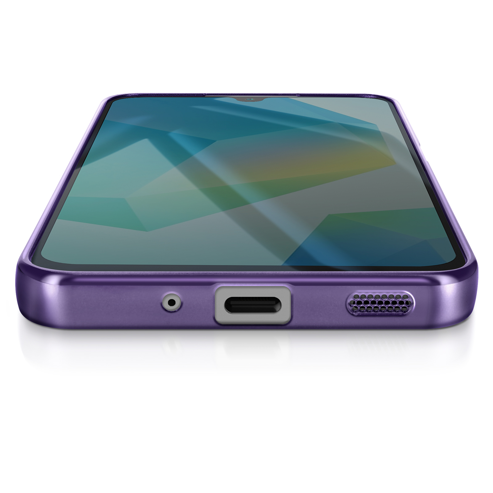 Ein lila Smartphone mit einem Bildschirm, der ein geometrisches Design zeigt. Das Telefon liegt auf einer weißen Oberfläche.