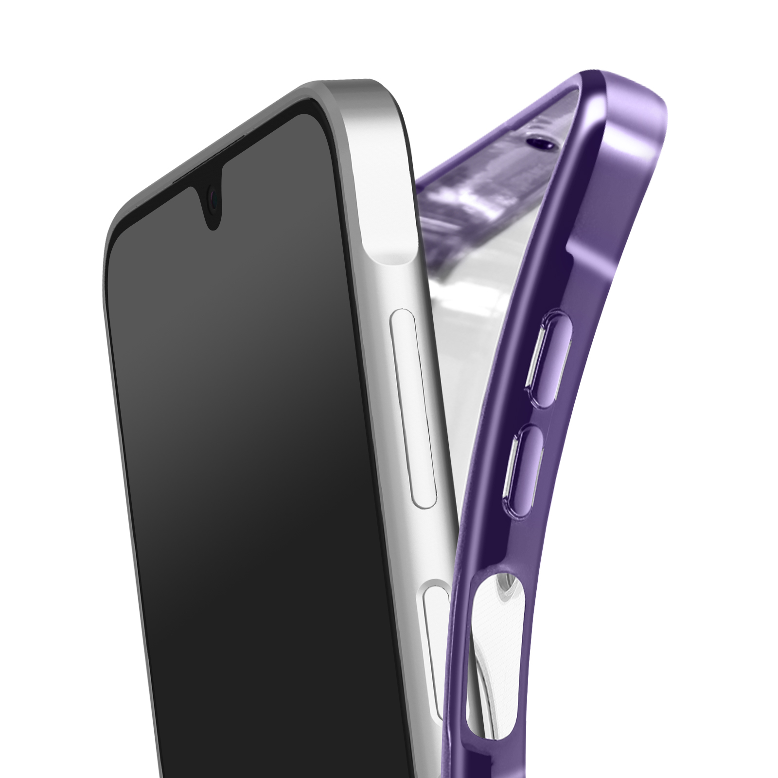 Ein Smartphone und eine lila Handyhülle werden gezeigt. Der Telefonbildschirm ist schwarz. Die Handyhülle ist durchscheinend.