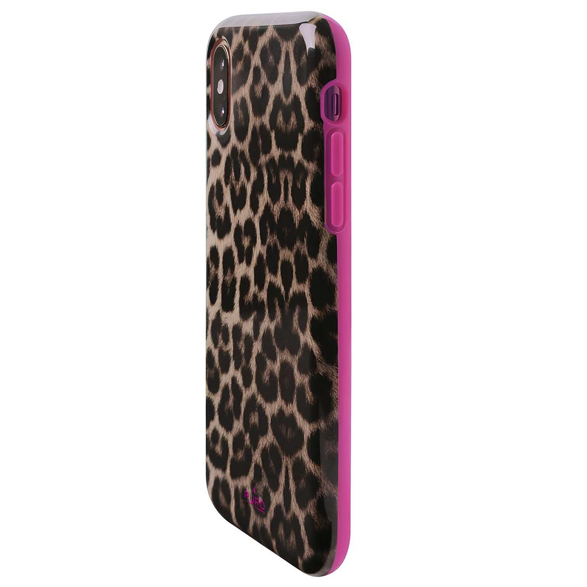 Una custodia per smartphone con un motivo leopardato, con un bordo rosa. La custodia è angolata, mostrando il lato con i pulsanti.