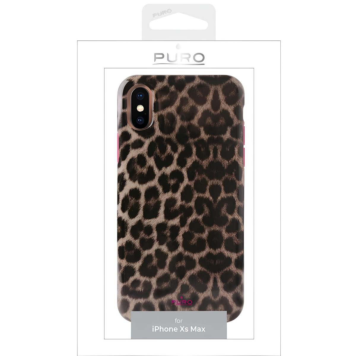 Una custodia per telefono con un motivo maculato in una scatola bianca e grigia. La custodia è per un iPhone Xs Max.
