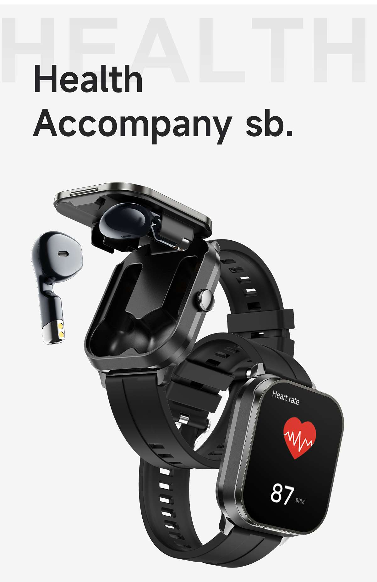 Schwarze Smartwatch mit Ohrhörer. Die Uhr zeigt eine Herzfrequenz von 87 bpm an. Text: Gesundheit begleiten sb.