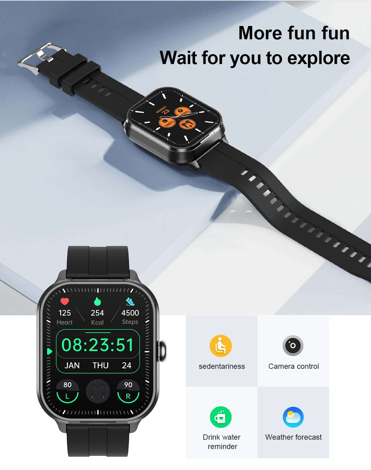 Eine schwarze Smartwatch zeigt Zeit, Herzfrequenz, Schritte und andere Gesundheitsdaten an. Icons für Bewegungsmangel, Kamera, Wassererinnerung und Wetter.