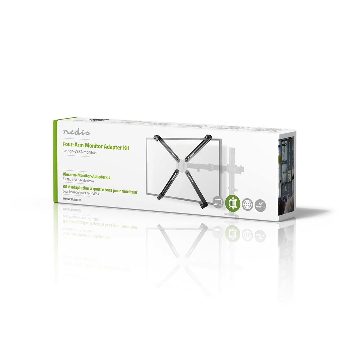 Pudełko z zestawem adaptera do monitora Nedis Four-Arm. Na pudełku widnieje adapter, nazwa produktu i specyfikacje.