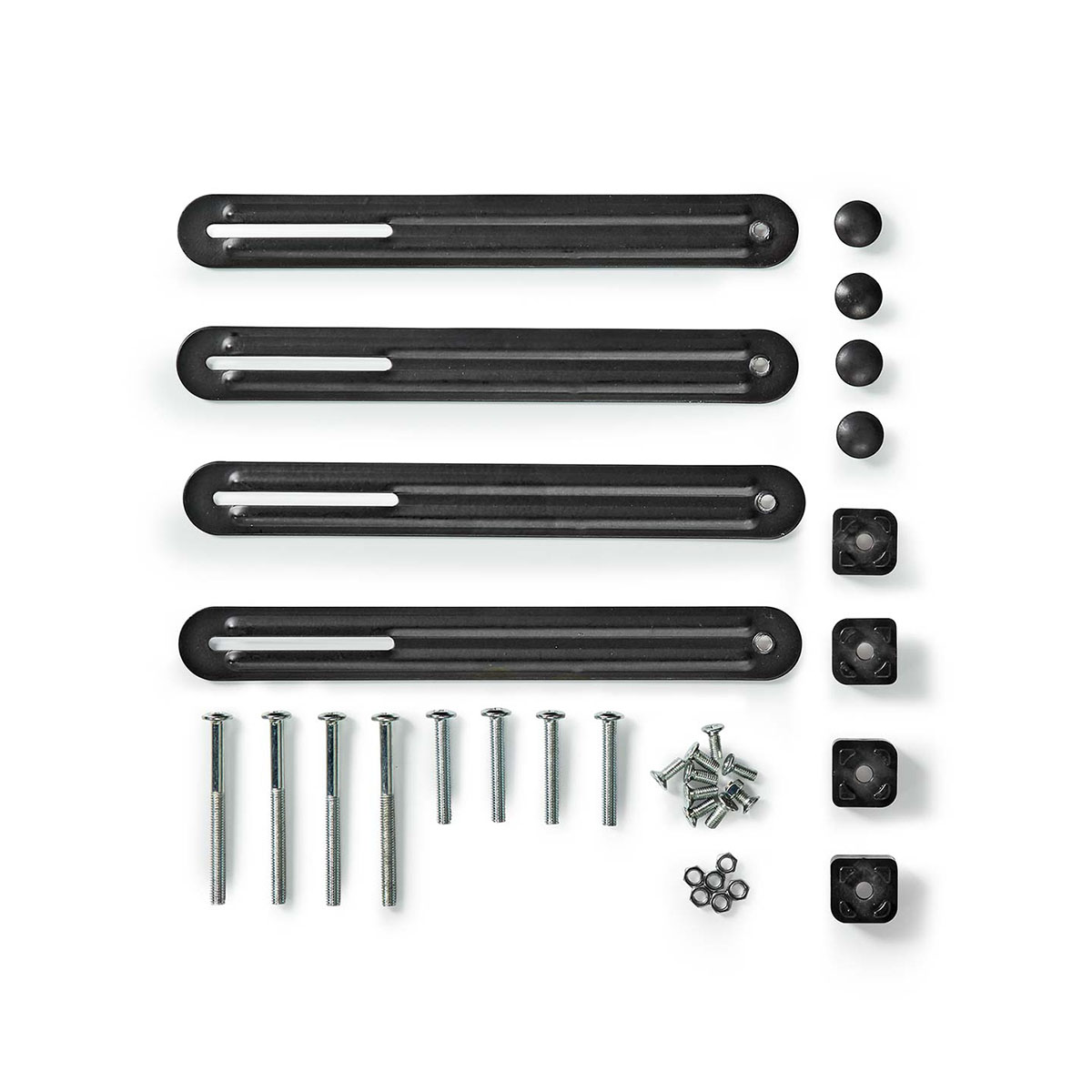 Czarny metalowy zestaw montażowy, w tym cztery pręty, śruby, śruby i kwadratowe elementy z tworzywa sztucznego, ułożone na białej powierzchni.