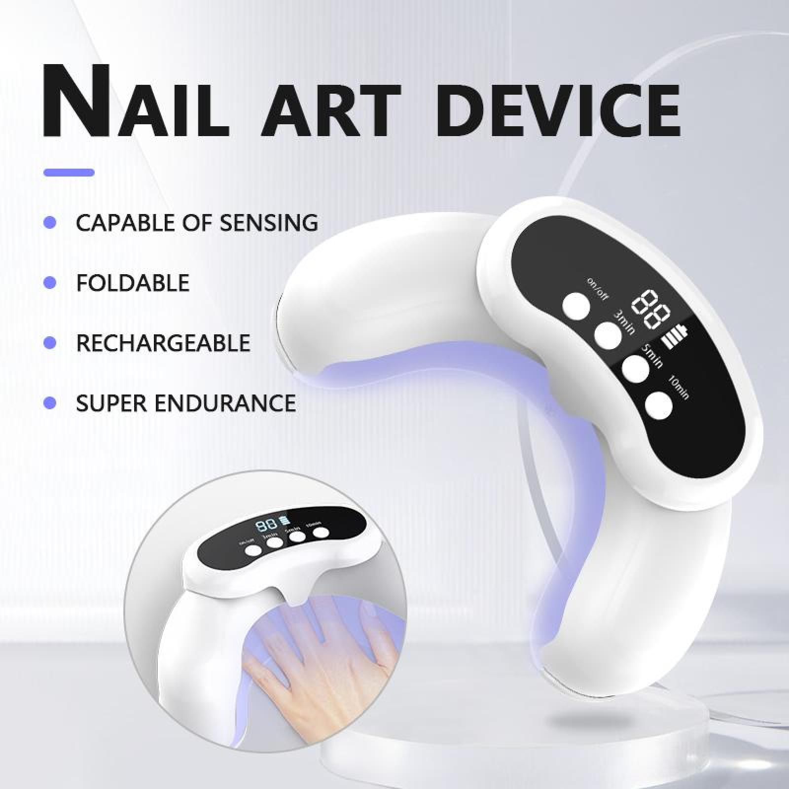 Weißes Nail-Art-Gerät mit Bildschirm, mehreren Tasten und Text: Nail Art Device, Capable of sensing, Foldable, Rechargeable.