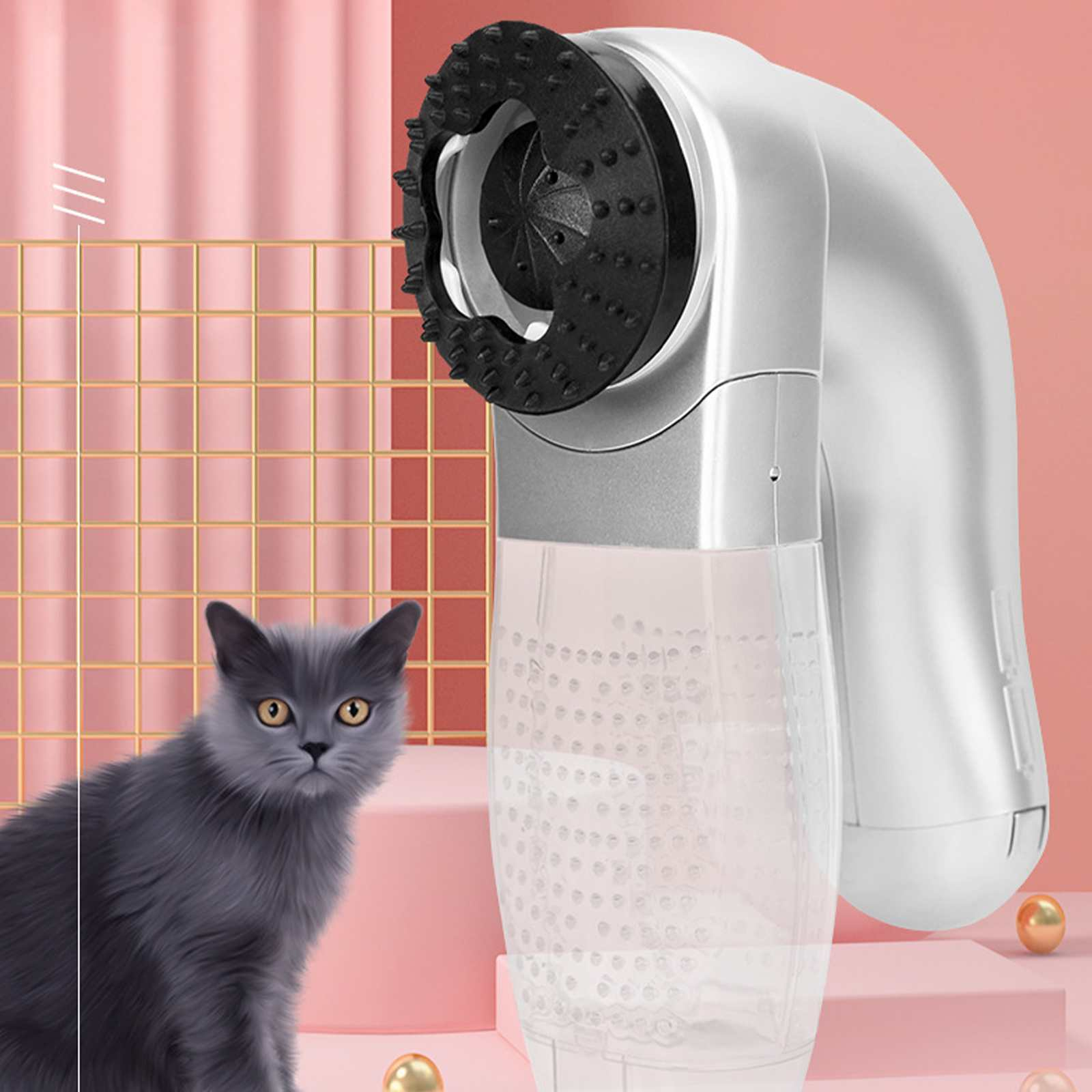 Ein Katzenpflegegerät mit weißem Griff und schwarzem Kopf. Eine graue Katze sitzt vor einem rosa Hintergrund.