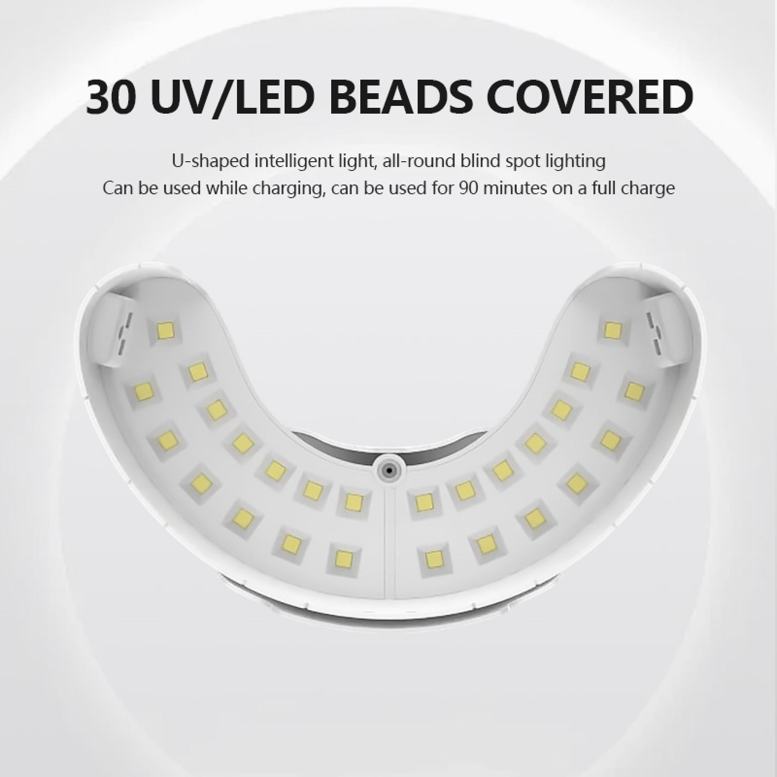 U-förmiges weißes Gerät mit 30 gelben Lichtern. Text: 30 UV/LED BEADS COVERED. Kann während des Ladens verwendet werden.