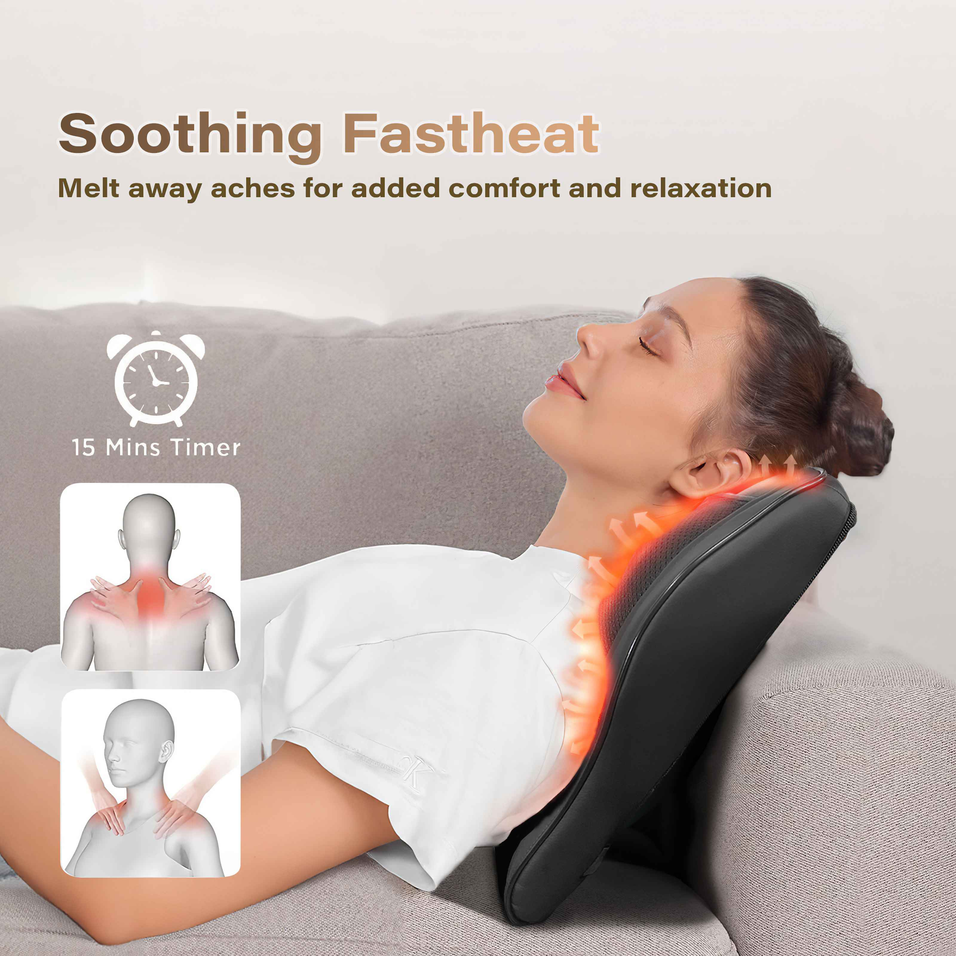 Eine Frau ruht auf einem grauen Sofa und benutzt ein Nackenmassagegerät. Der Text lautet 'Soothing Fastheat'. Diagramme zeigen Massageaktionen.