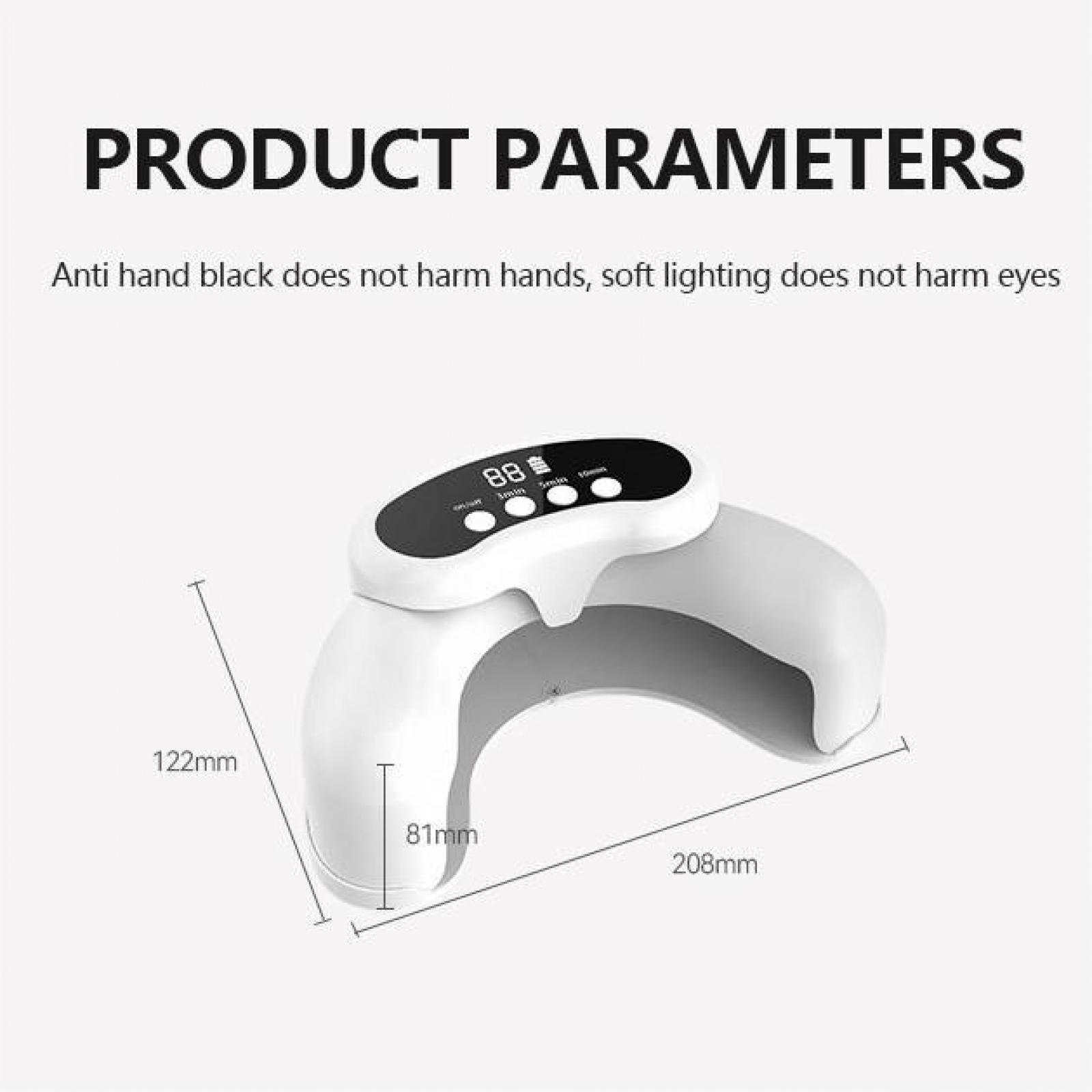 Eine weiße Nagellampe mit schwarzem Display. Sie hat die Maße: 122 mm, 81 mm und 208 mm. Text: Produktparameter.