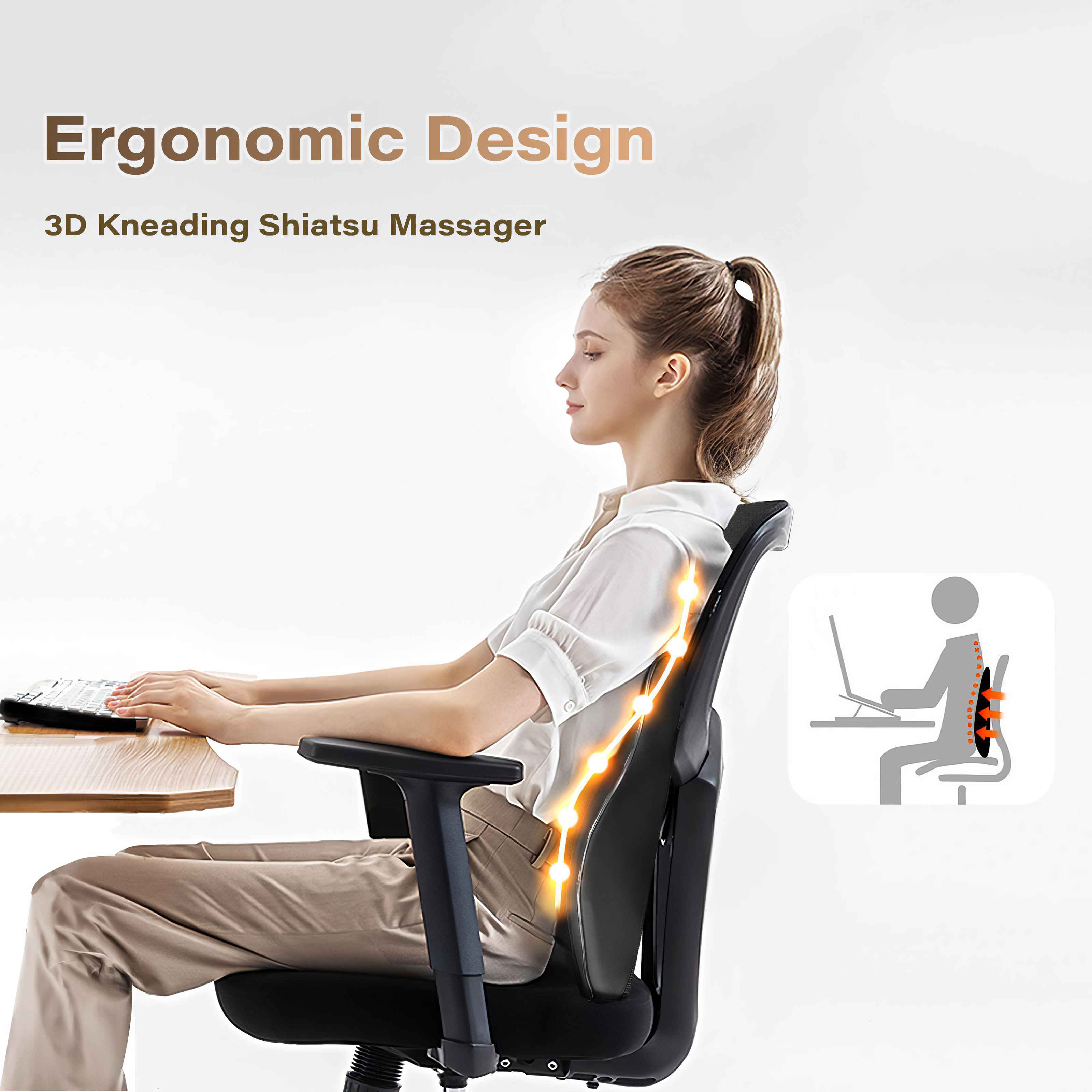 Eine Frau sitzt in einem Stuhl und benutzt eine Tastatur. Der Stuhl wird als ergonomisch mit Rückenmassagegerät beworben.