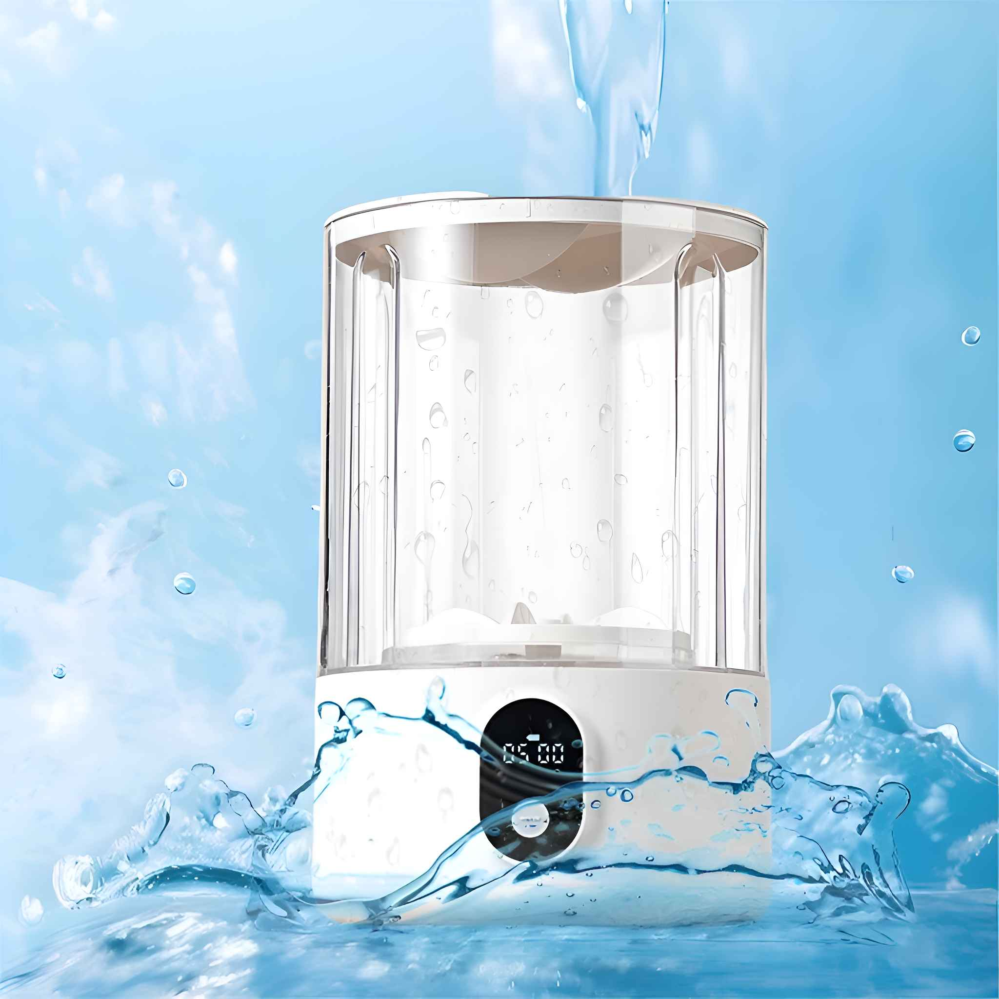 Weißer und transparenter Luftbefeuchter mit Wassertropfen und -spritzern vor blauem Hintergrund. Digitalanzeige zeigt die Zeit an.