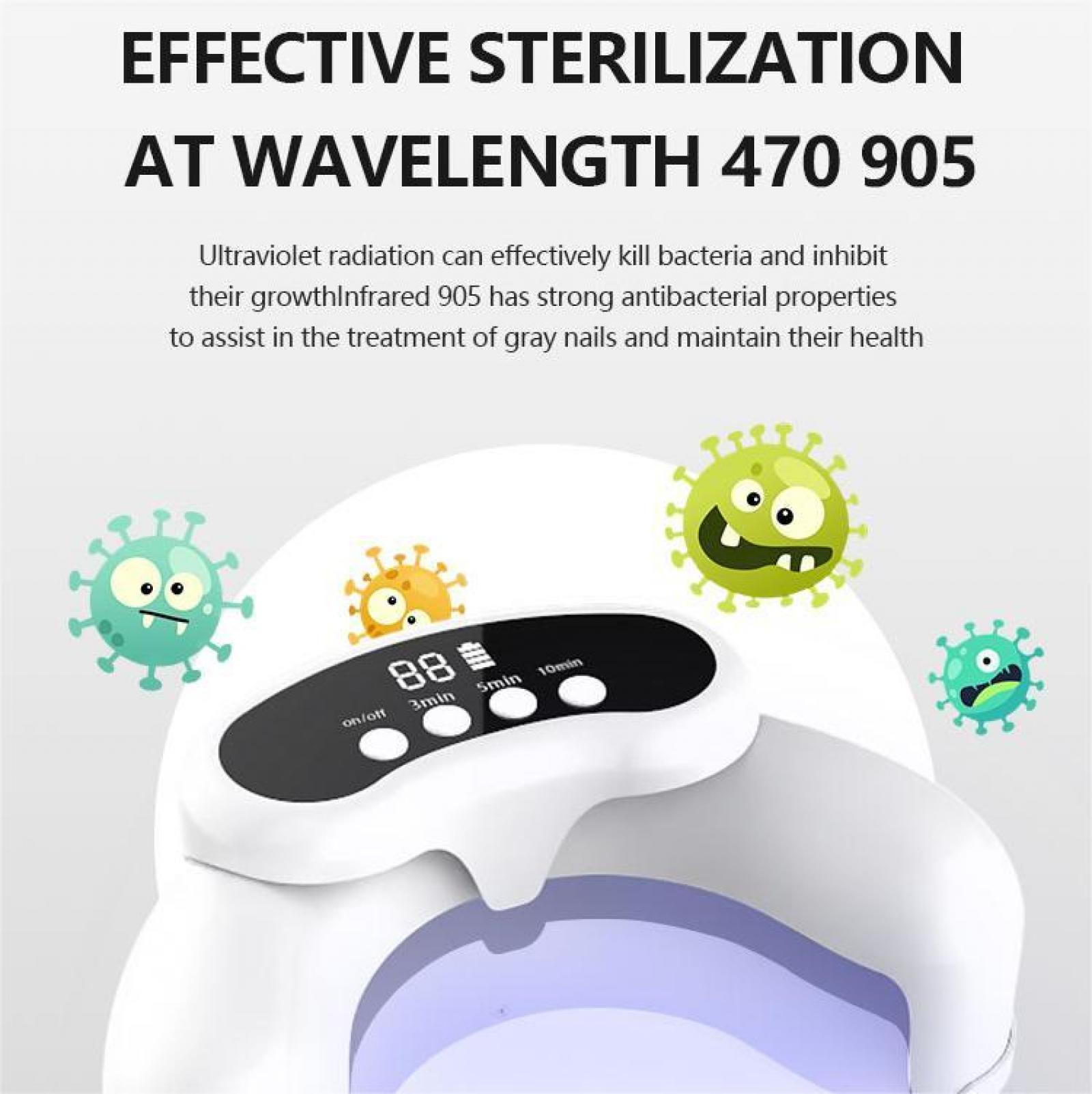 Sterilisator mit Zeitanzeige, umgeben von Cartoon-Viren. Text: Effektive Sterilisation bei Wellenlänge 470 905.