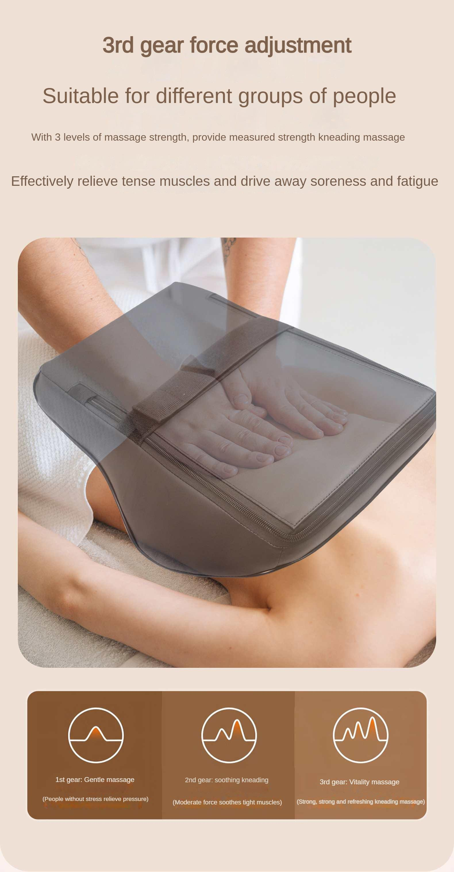 Das Bild zeigt ein Massagegerät, das auf dem Rücken einer Person verwendet wird. Text beschreibt Massage-Levels und Vorteile.